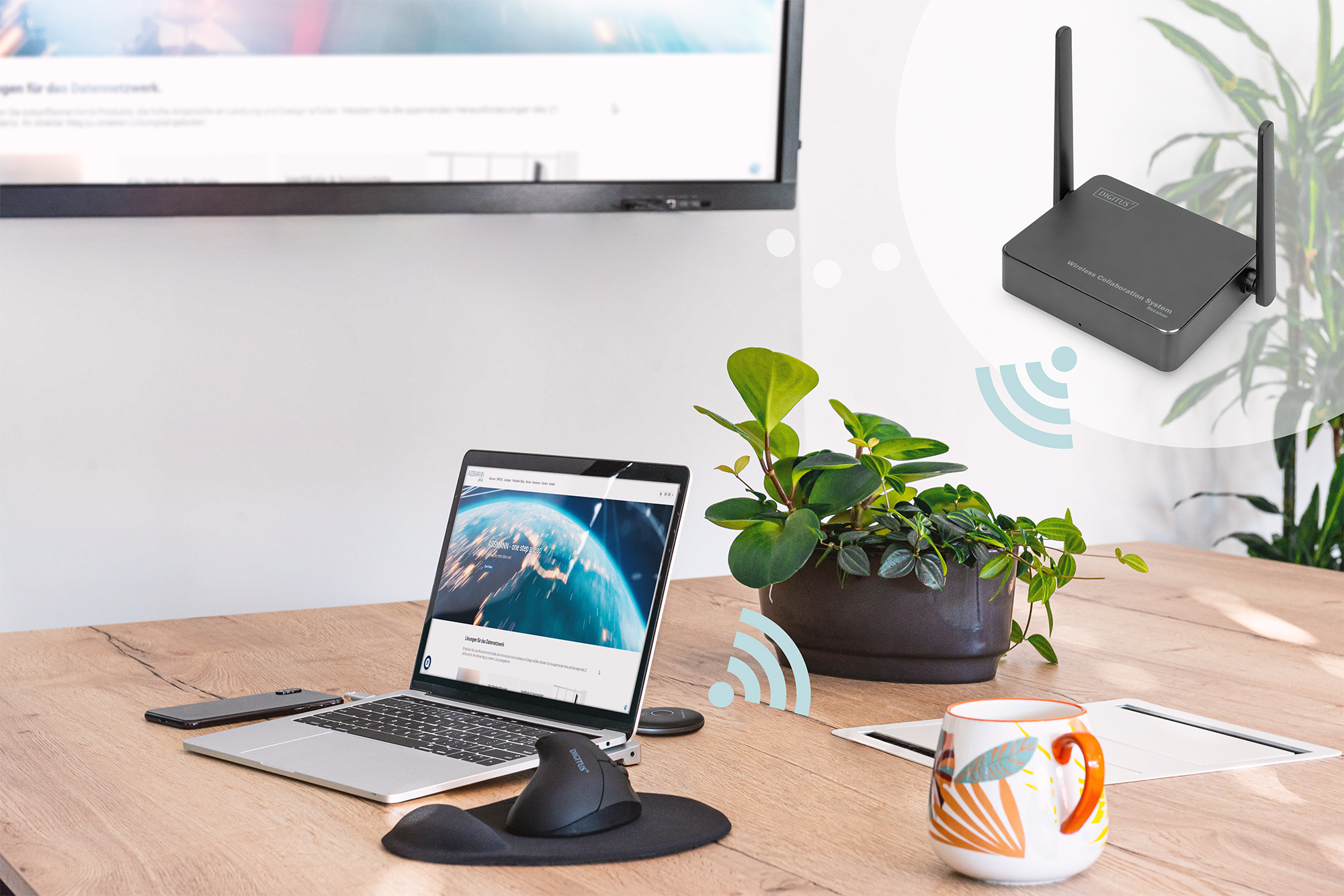 drahtlos, Router, Antennen, schwarz, Schreibtisch