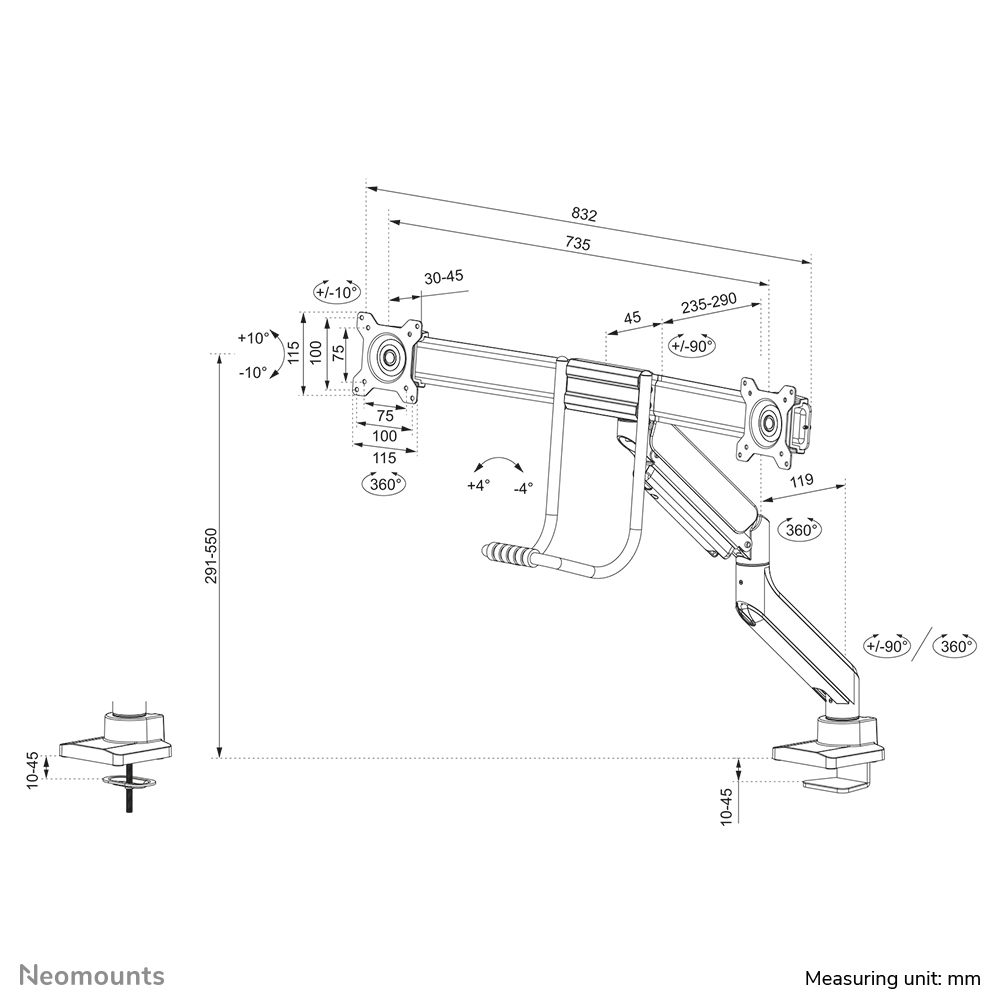 Neomounts Monitor-Tischhalterung - Klemme /Bolzen - 8 kg - 43,2 cm (17 Zoll) - 81,3 cm (32 Zoll) - 100 x 100 mm - Weiß
