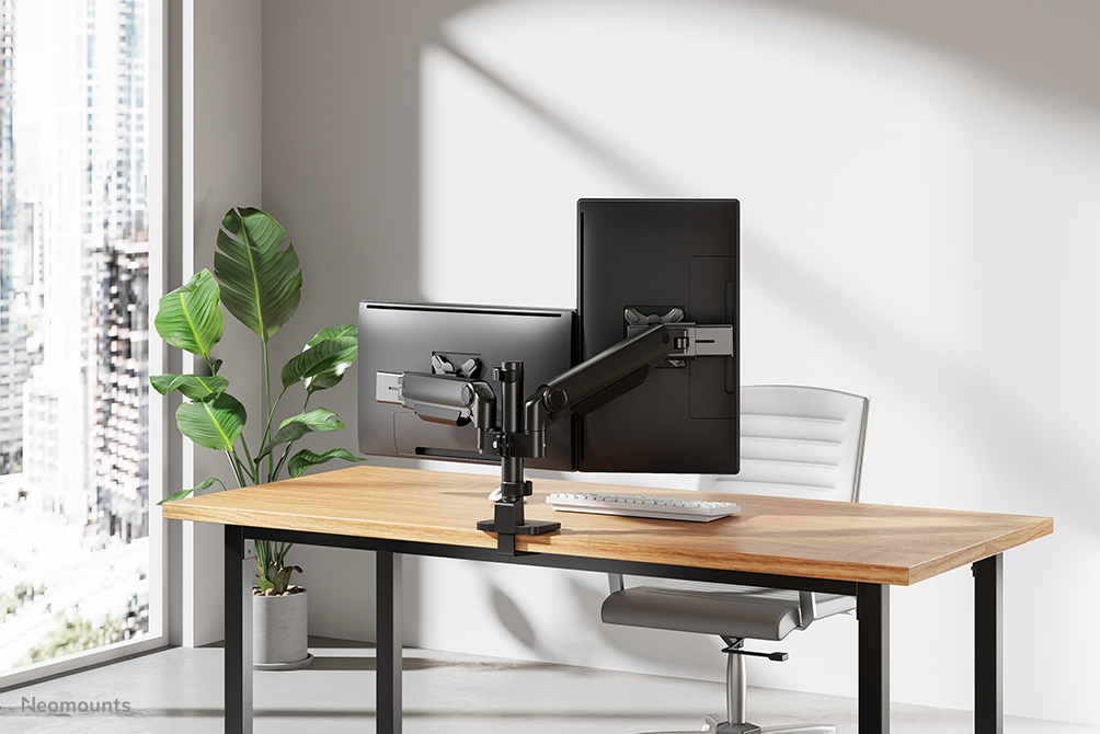 monitorarm, dualmontirob, deskMount, ergonomischerSchreibtisch, büropflanze, holzschreibtisch