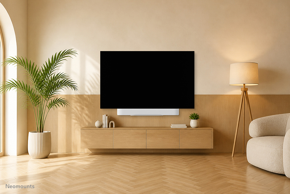fernseher, wandtv, lowboard, bodenlampe, pflanzen