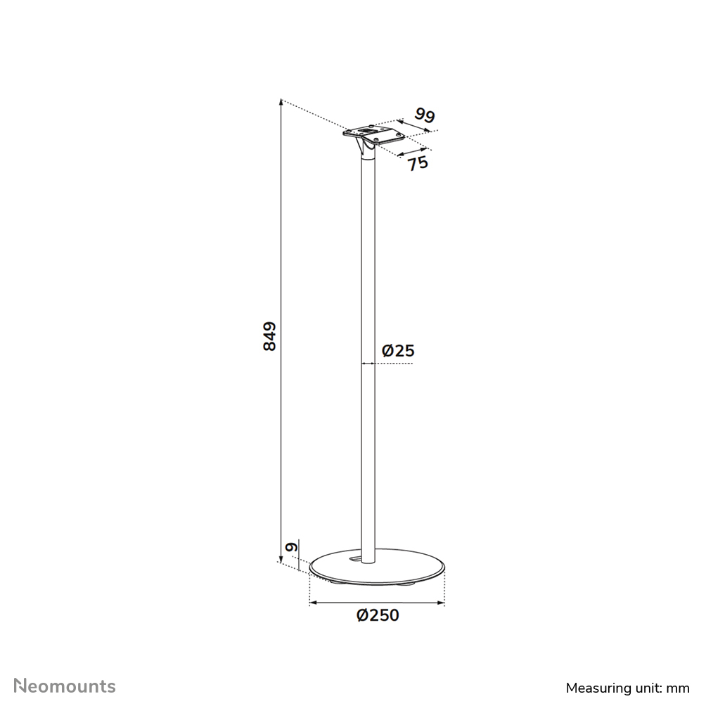 Bodenlampe, Metallstange, runder Sockel, Maßzeichnung, Maße:mm