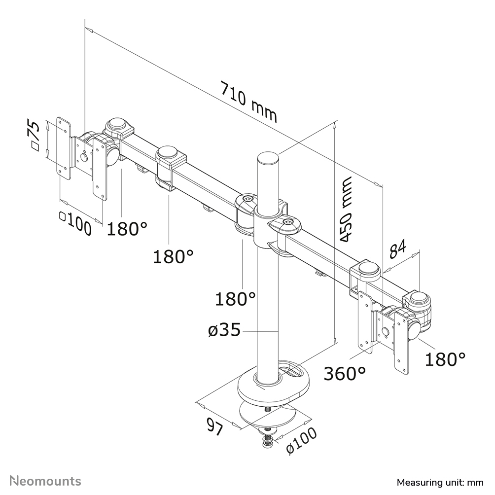 Neomounts Monitor-Tischhalterung - 8 kg - 25,4 cm (10") - 68,6 cm (27") - 100 x 100 mm - Höhenverstellung - Schwarz