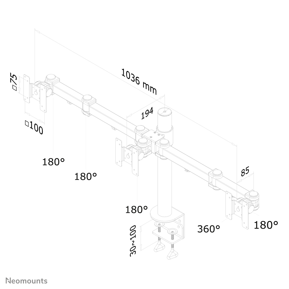 Neomounts Monitor-Tischhalterung - Klemme - 6 kg - 25,4 cm (10 Zoll) - 53,3 cm (21 Zoll) - 100 x 100 mm - Schwarz