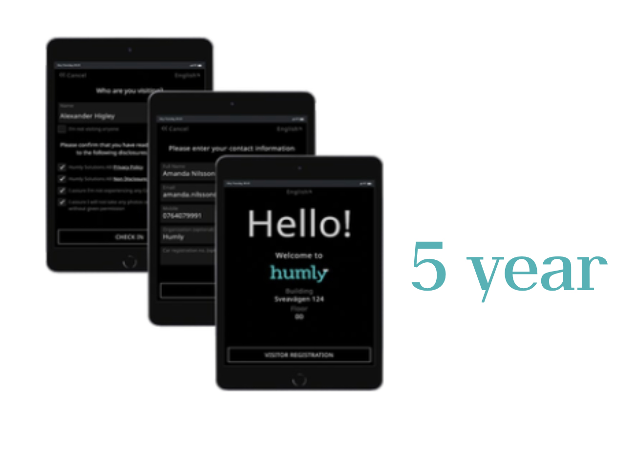 tablet, dunkler Bildschirm, Hello!, humly app, 5 Jahre