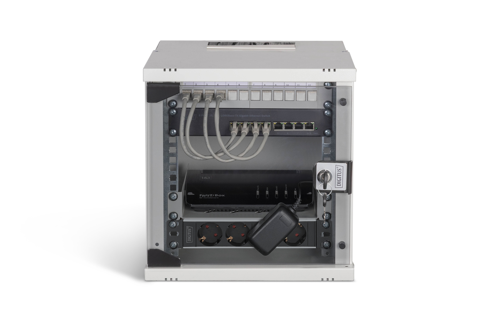 Netzwerk‑Switch, Rackmontage, Ethernet, Patch‑Panel, Stromversorgungsschalter