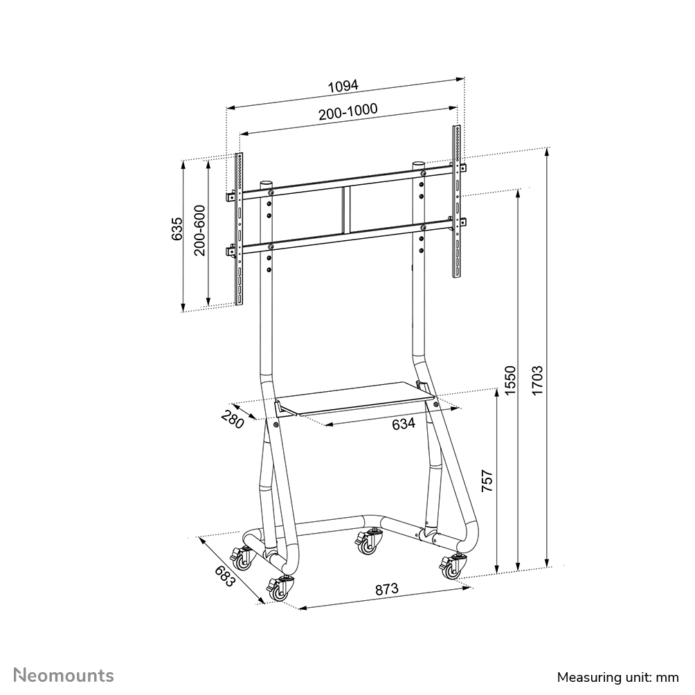 Neomounts Mobiler Flachbild Ständer - 100 kg - 152,4 cm (60") - 2,54 m (100") - 200 x 200 mm - 1000 x 600 mm - Schwarz