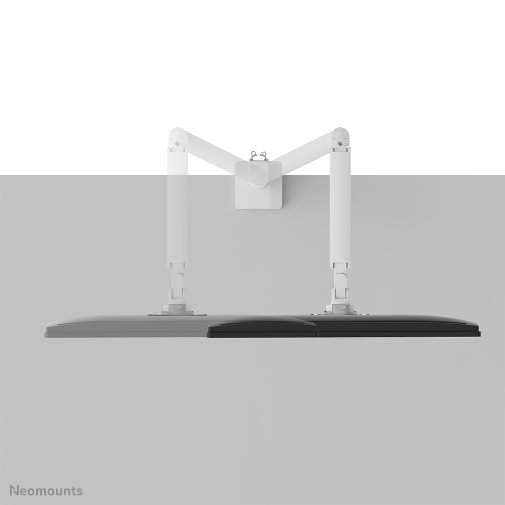 Monitorhalterungen, Dualmonitor, verstellbare Arme, weiße Ständer, zentral montiert