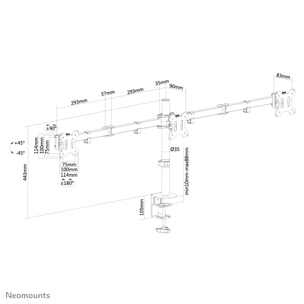 Neomounts Monitor-Tischhalterung - Klemme /Bolzen - 6 kg - 25,4 cm (10 Zoll) - 68,6 cm (27 Zoll) - 100 x 100 mm - Schwarz
