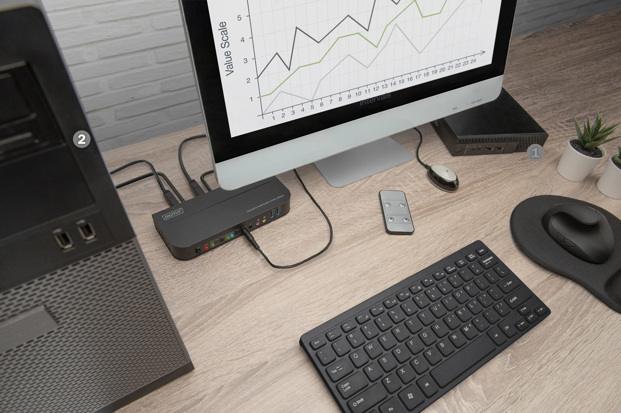 DIGITUS DS-12850 KVM-Switch, 2-Port, 4K60Hz, 2 x DP in,  1 x DP/HDMI out