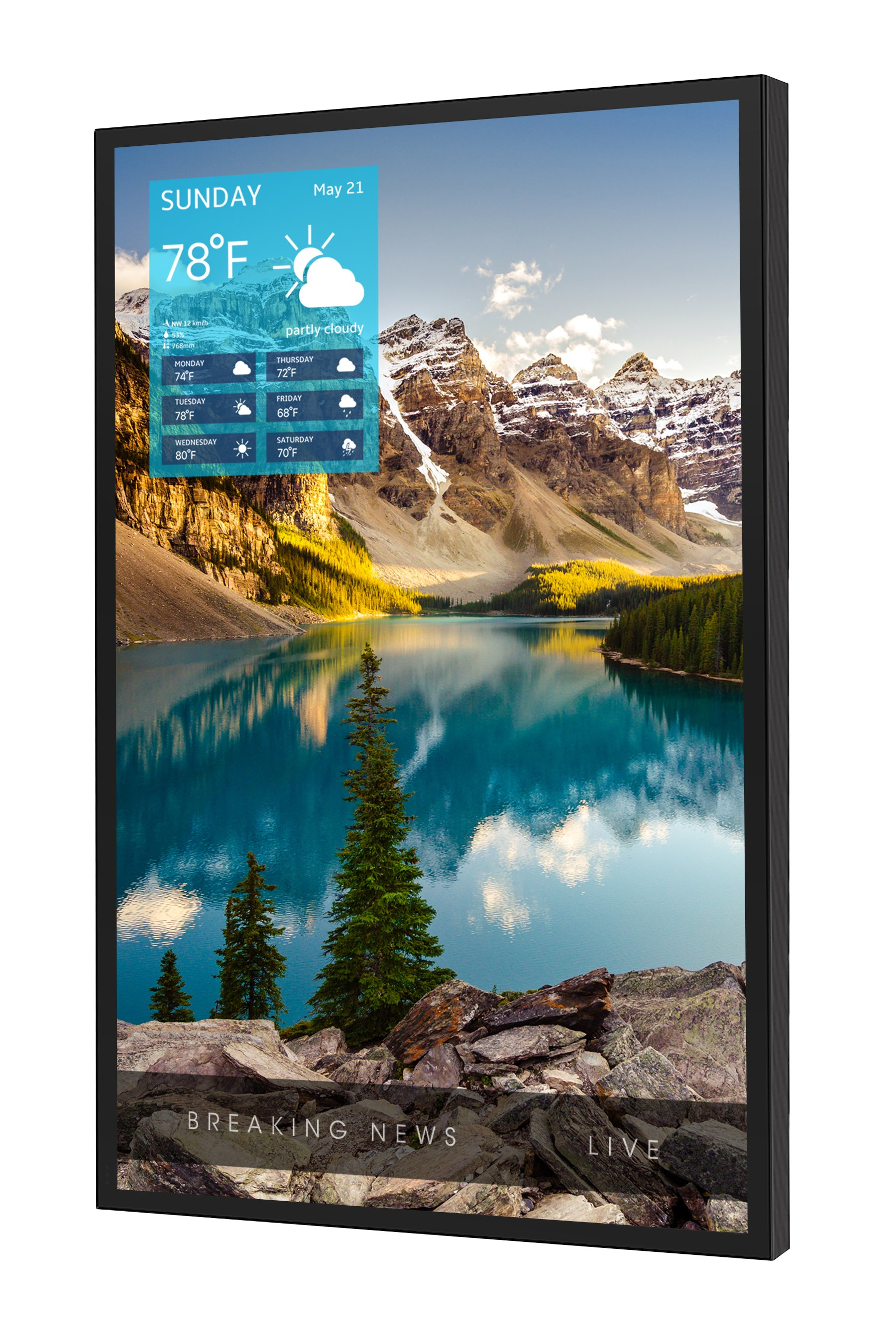 Fernseher, Led-Bildschirm, Wetter-Widget, Urlaubslandschaft, Rahmenloses Display