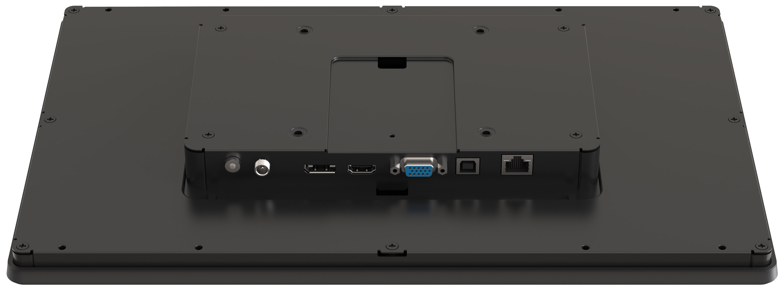 Display Monitor rear, HDMI-Anschluss, VGA-Anschluss, Ethernet-Anschluss, USB-C/USB-Anschlüsse