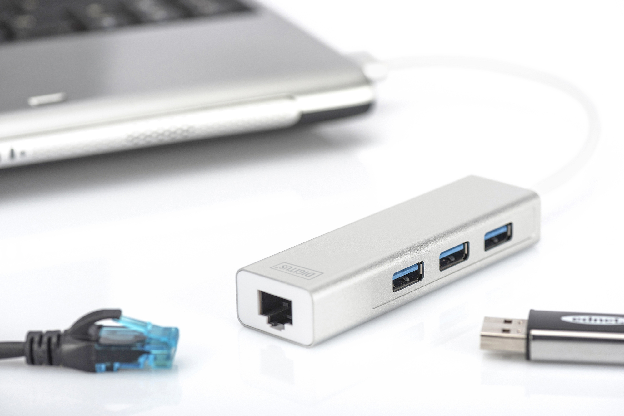 USB-Hub, Ethernet-Port, USB-A, Metall, Kabel