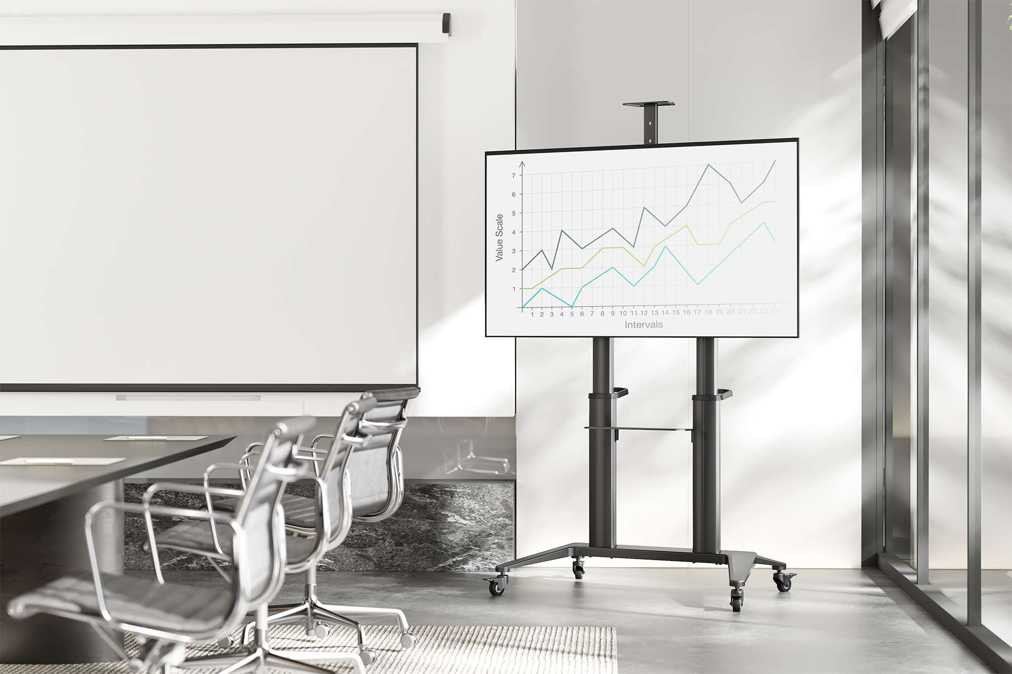 Präsentationsmonitor, Arbeitsablauf-Diagramm, Bürodisplay, digitales Display, Standfeste Monitor
