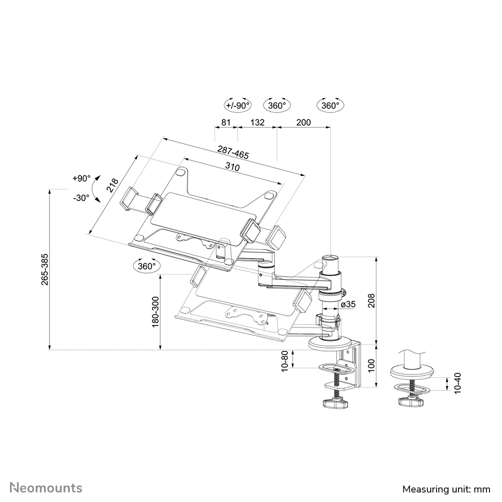 Neomounts Notebook-Tischhalterung - Notebook-Arm - Schwarz - Stahl - 29,5 cm (11.6") - 43,9 cm (17.3") - 5 kg