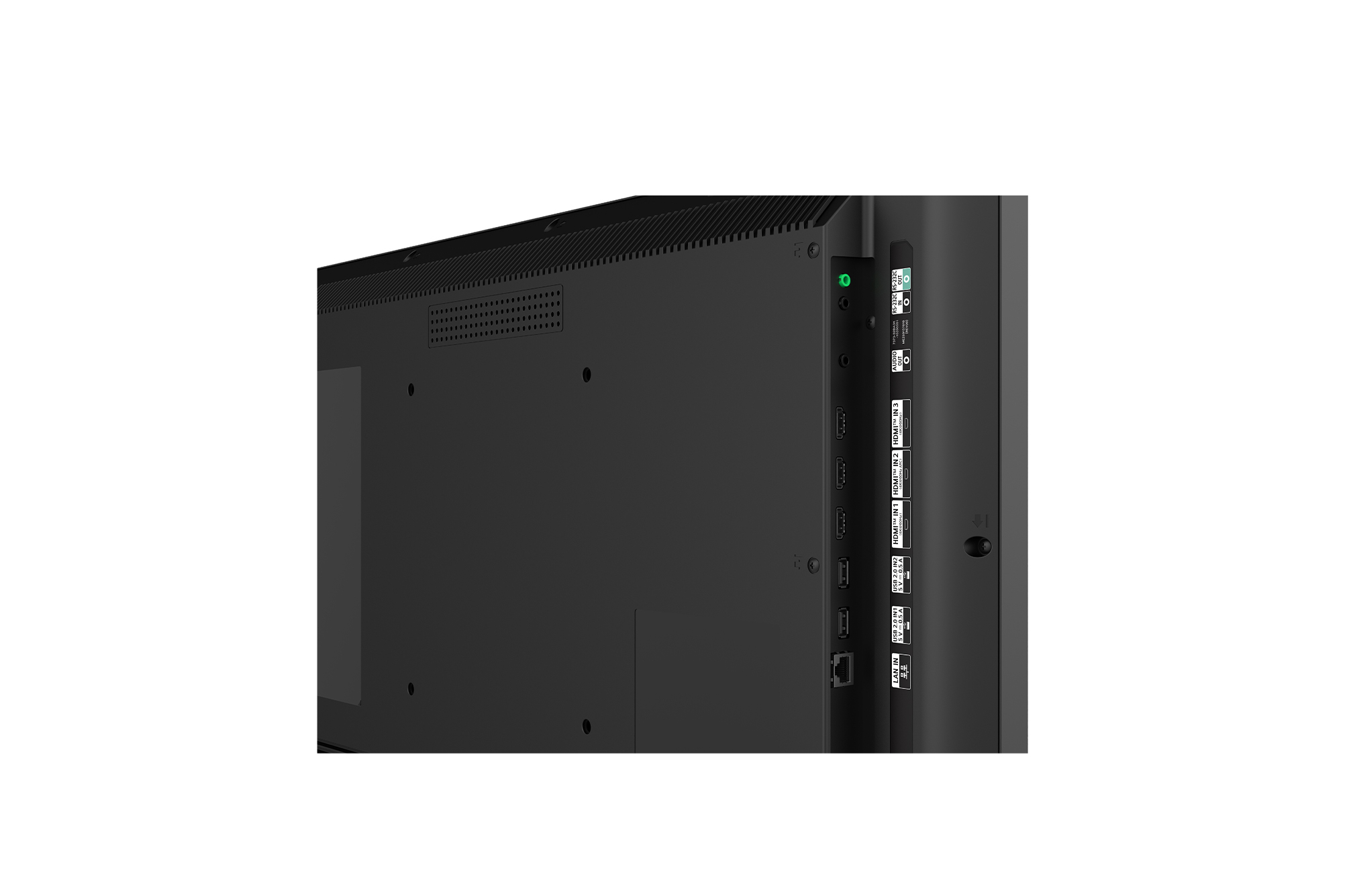 TV-Rückseite, HDMI-Anschlüsse, LAN-Port, schwarzer Rahmen, Rückseite Kabelanschlüsse