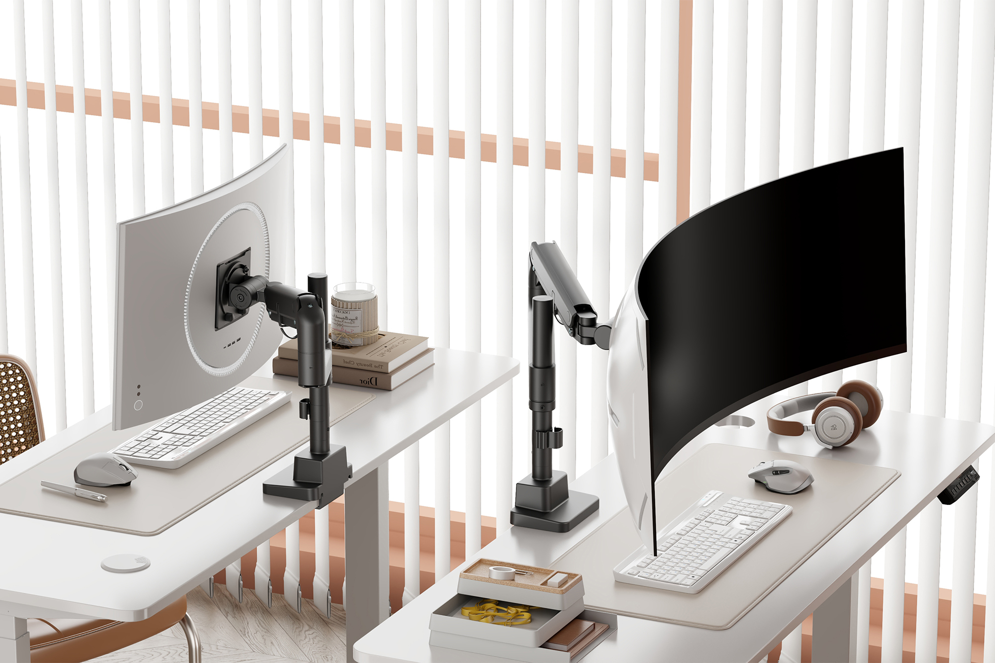 monitor, ergonomische arm, desktop-setup, gebogener Monitor, Kopfhörer