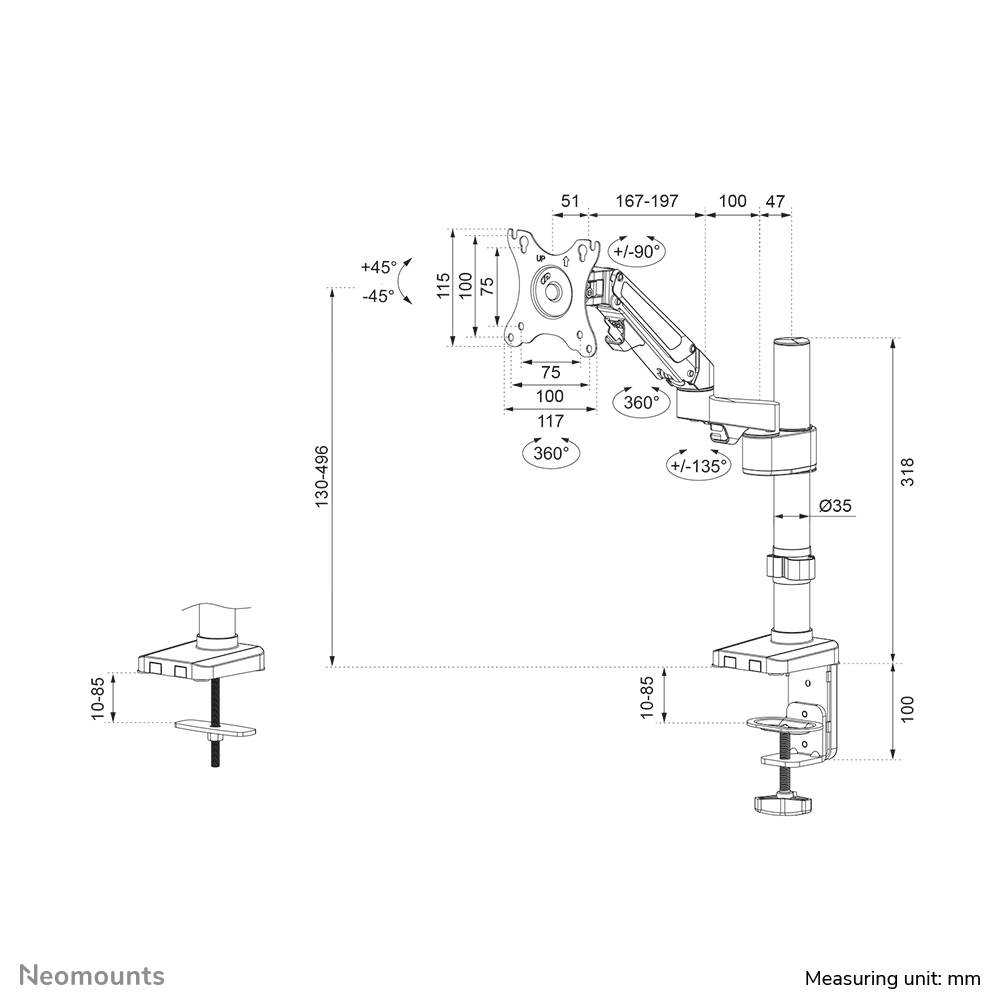 Neomounts Monitor-Tischhalterung - Klemme /Bolzen - 7 kg - 43,2 cm (17 Zoll) - 68,6 cm (27 Zoll) - 100 x 100 mm - Schwarz