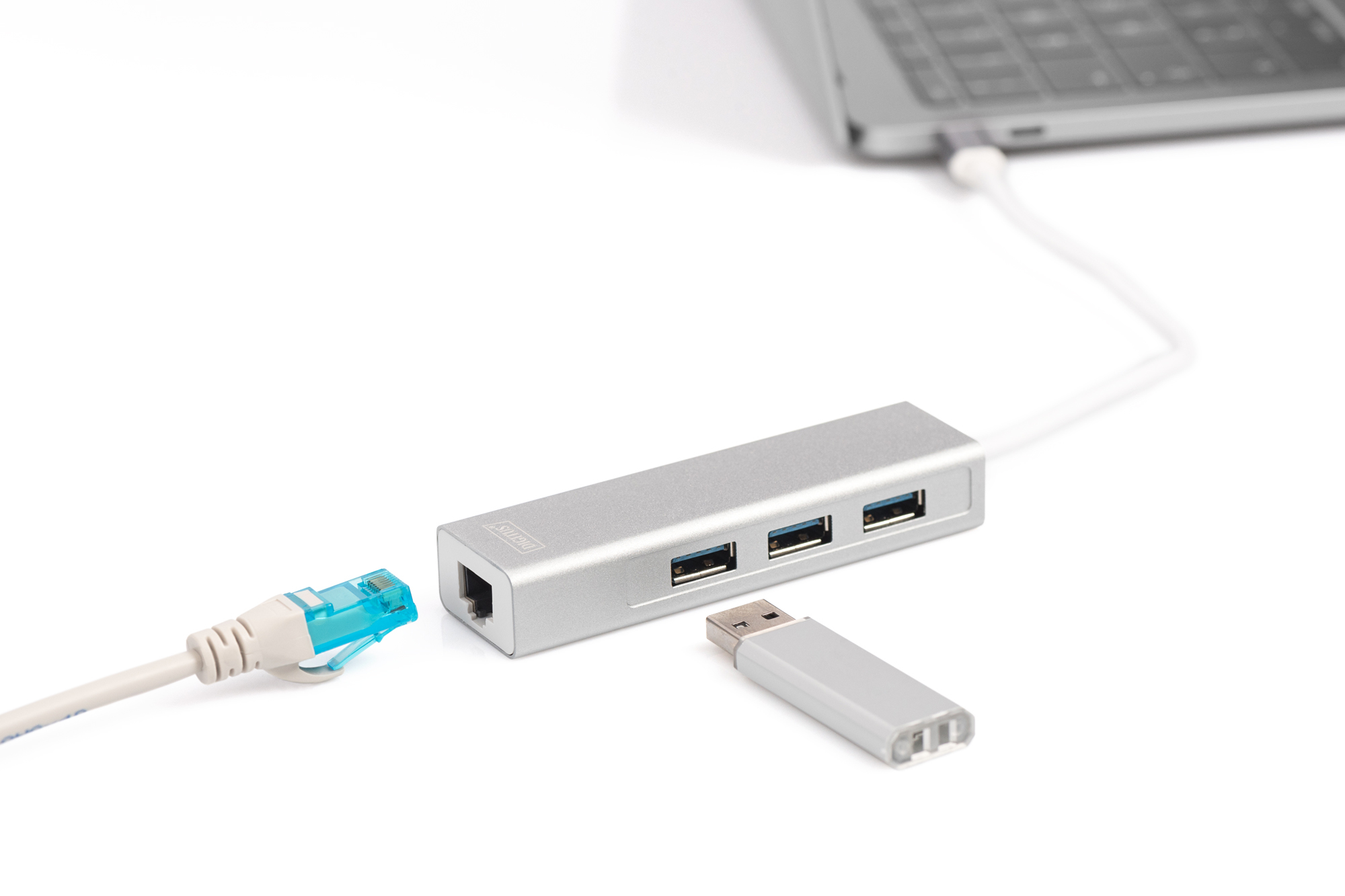 USB-Hub, 4-Port-Hub, Ethernet-Adapter, USB-A, Metall aluminum