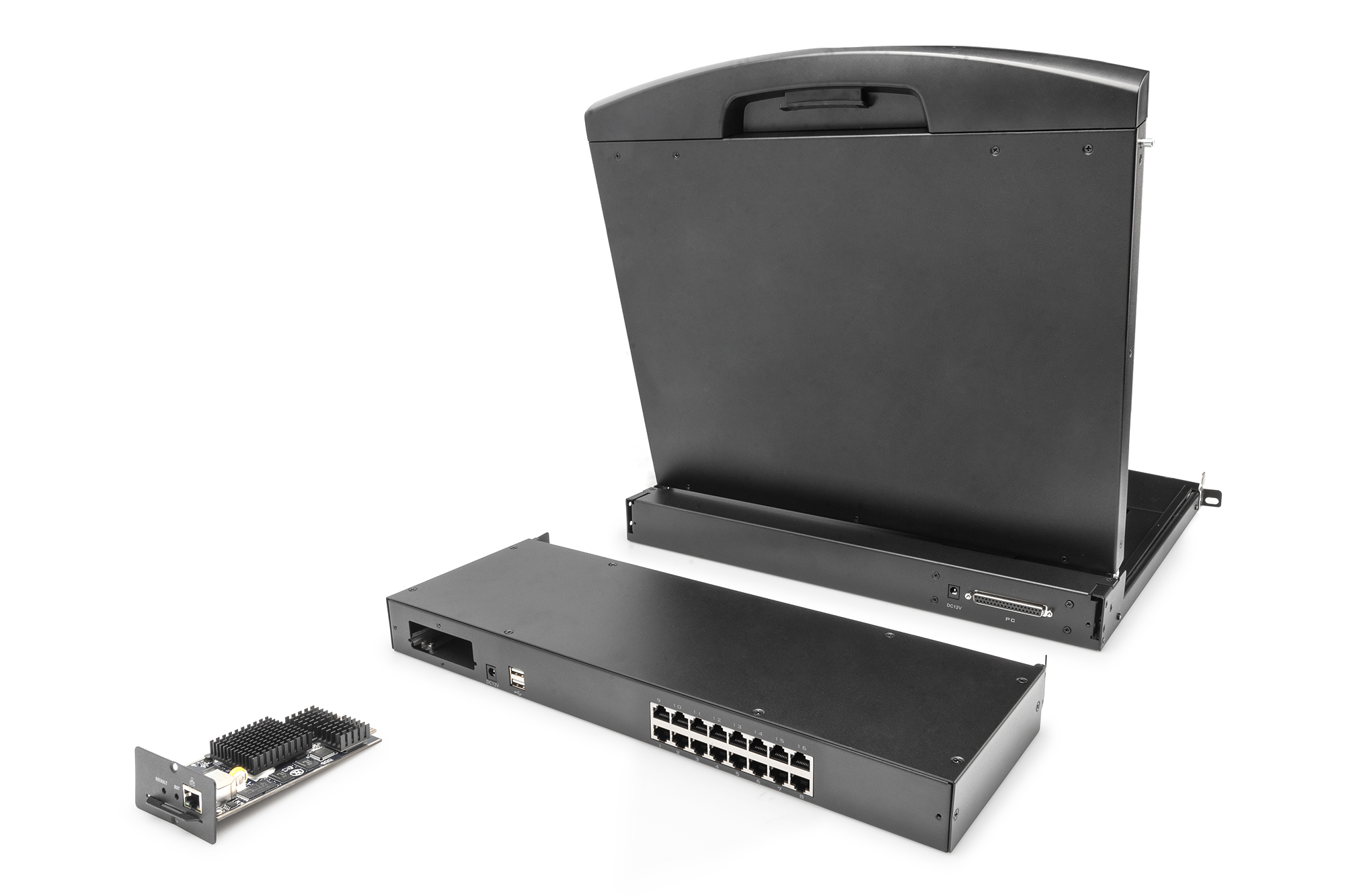Netzwerk-Switch, Rackmount, Ethernet-Ports, Stromversorgung, PCIe-Adapter