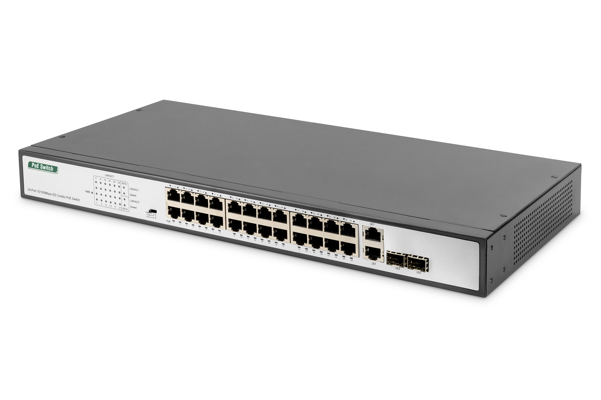 DIGITUS DN-95343 24-Port Gigabit PoE Netzwerkswitch, 19 Zoll, unmanaged, 2 Uplink Ports, SFP, 370 W, af/at DIGITUS DN-95343 24-Port Gigabit PoE Netzwerkswitch, 19 Zoll, unmanaged, 2 Uplink Ports, SFP, 370 W, af/at