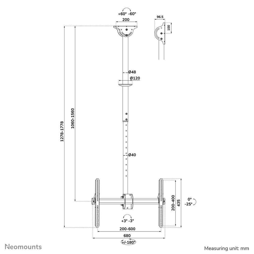 Neomounts TV Deckenhalterung neigbar, schwenkbar, drehbar (VESA 600x400) CL35-440BL16L