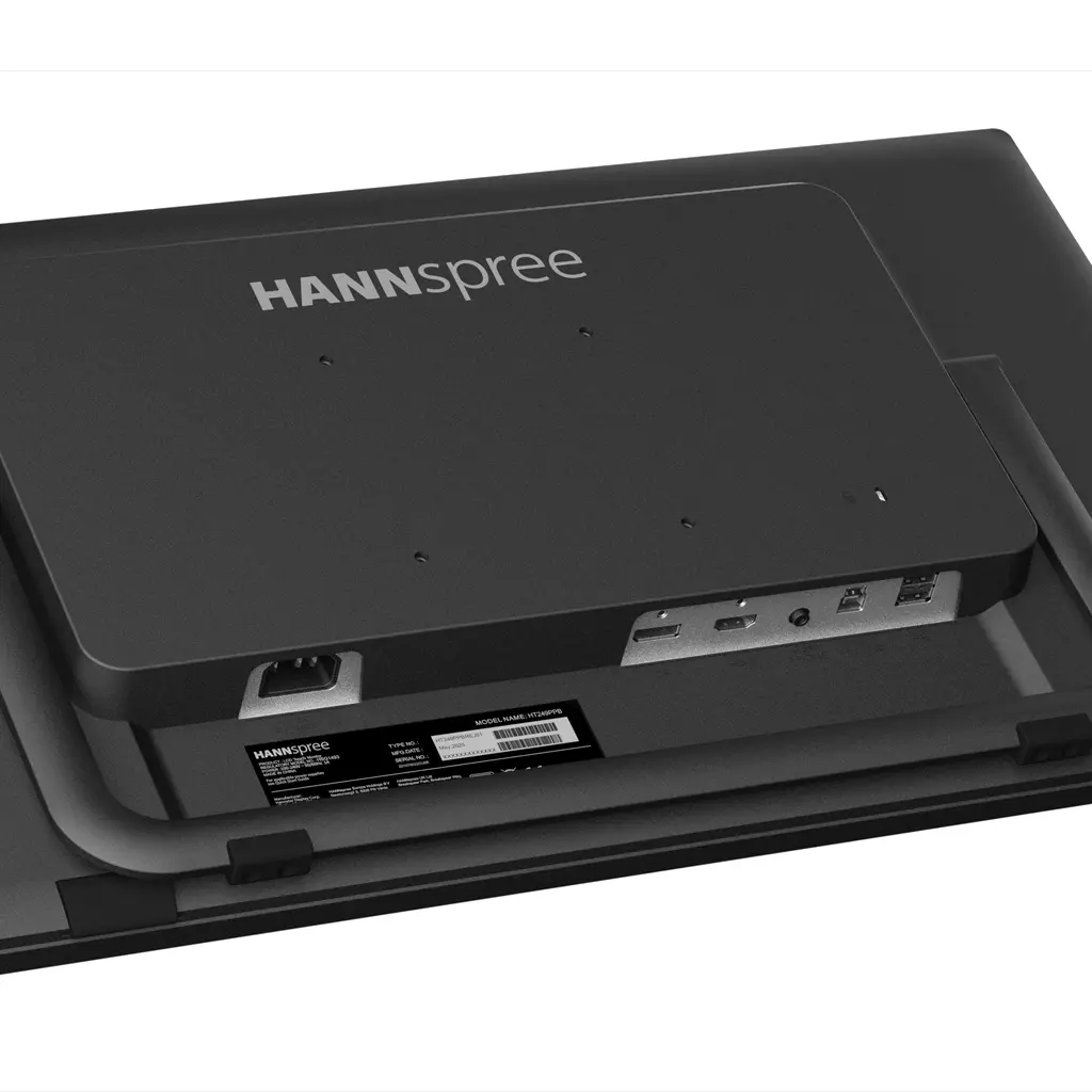 Monitorständer, Rückseite Anschlüsse, HDMI-Anschluss, USB-Anschlüsse, HANNspree Markenlogo