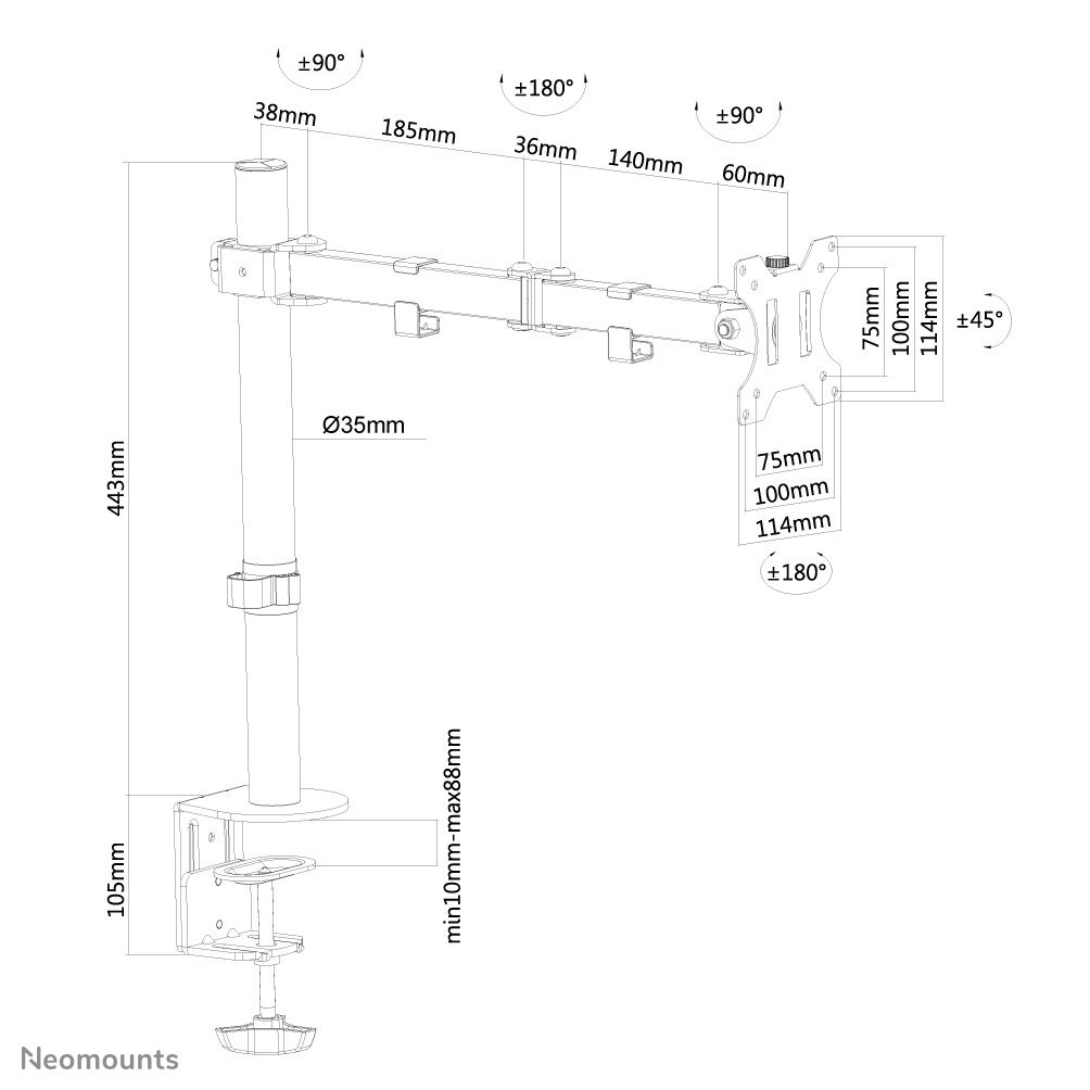 Neomounts Monitor-Tischhalterung - Schwarz - 8 kg - Tisch/Bank - 81,3 cm (32 Zoll) - 25,4 cm (10 Zoll) - 0 - 90 Grad 