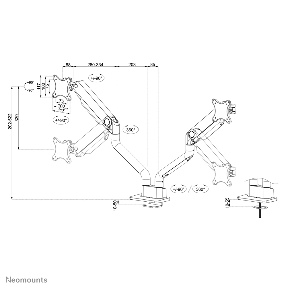 Neomounts Select Desk Mount double display topfix clamp &grommet