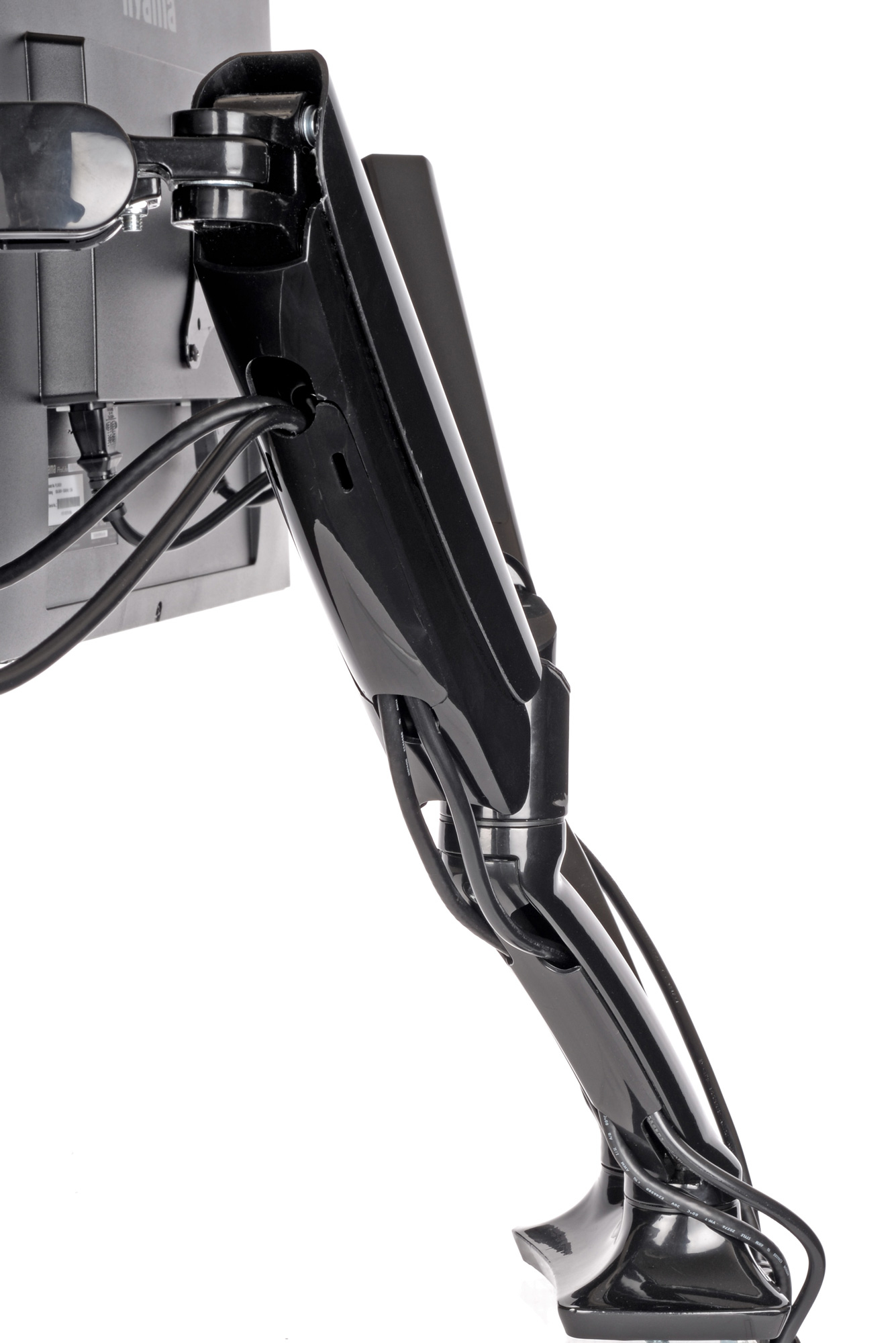 monitor arm, adjustable arm, black color, screws, cables