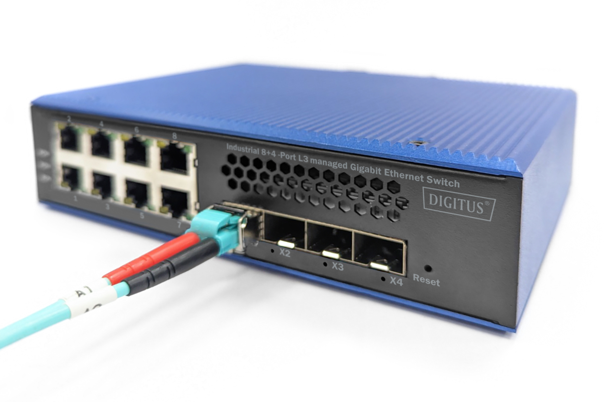 Industrie-Switch, Gigabit-Ethernet, 8+4 Ports, Blaues Gehäuse, RJ45 Ports