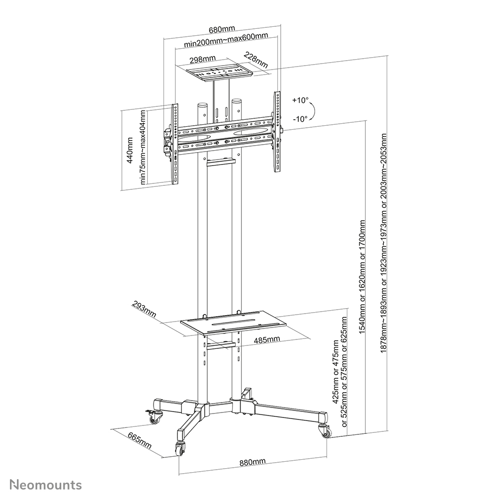 Neomounts Mobiler Flachbild Ständer - 50 kg - 177,8 cm (70") - 81,3 cm (32") - 200 x 200 mm - 600 x 400 mm - 1550 - 1700 mm