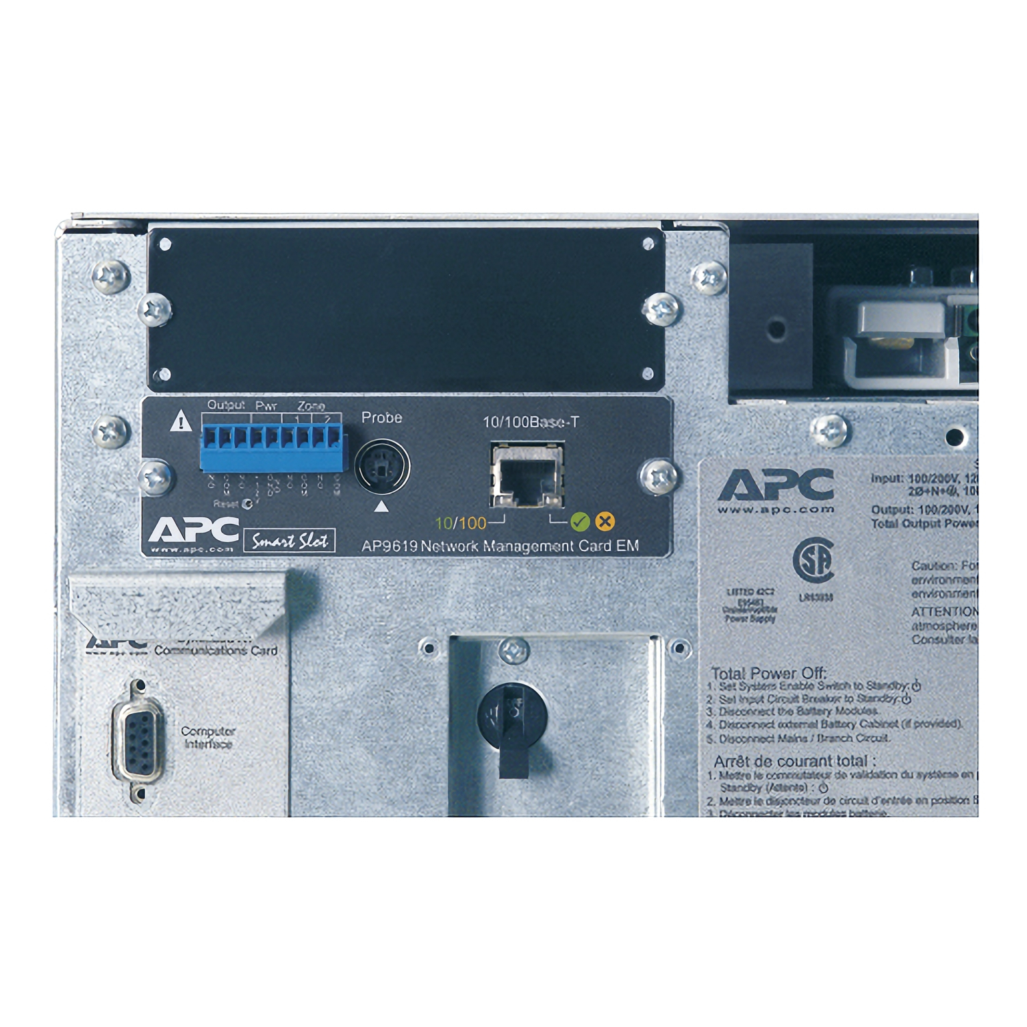 Netzwerkkarte, APC-Gerät, EM-Gehäuse, RJ45-Port, Schutzkennzeichnung