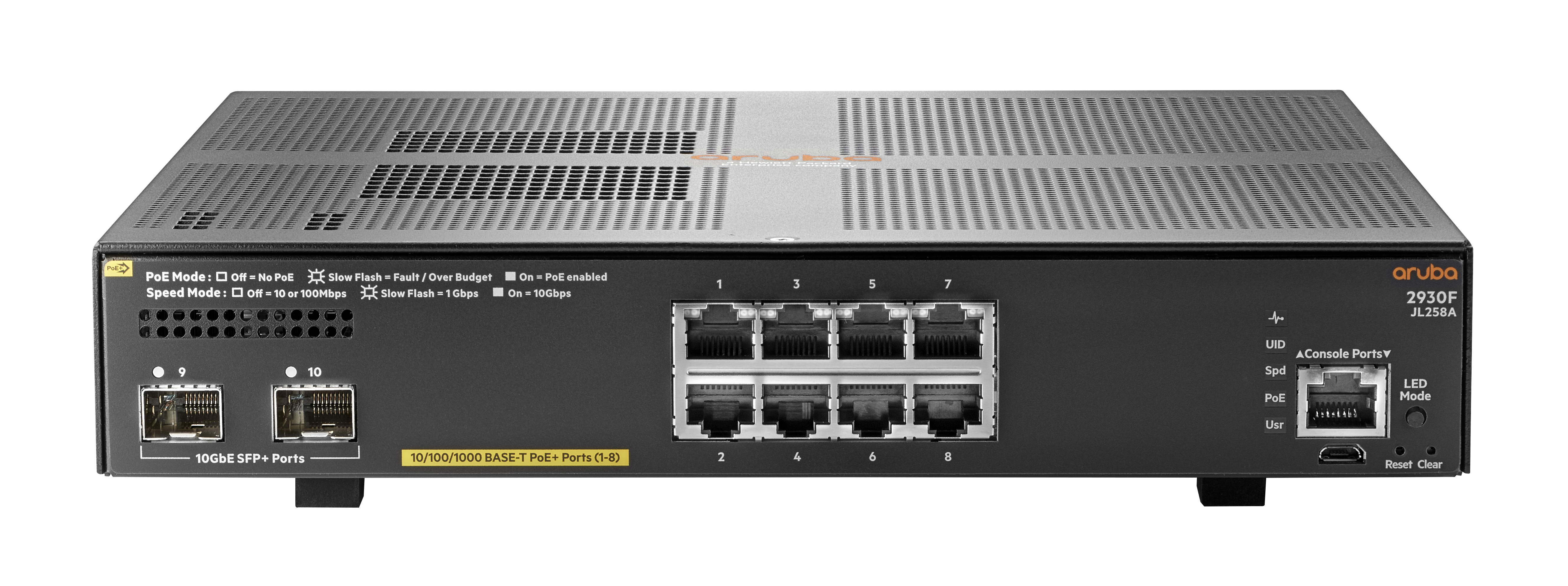 HPE JL258A#ABB Switch 8Port Gigabit PoE+ + 2x 1GbE/10GbE SFP L3 Managed Aruba 2930F-8G-PoE, JL258A HPE JL258A#ABB Switch 8Port Gigabit PoE+ + 2x 1GbE/10GbE SFP L3 Managed Aruba 2930F-8G-PoE, JL258A