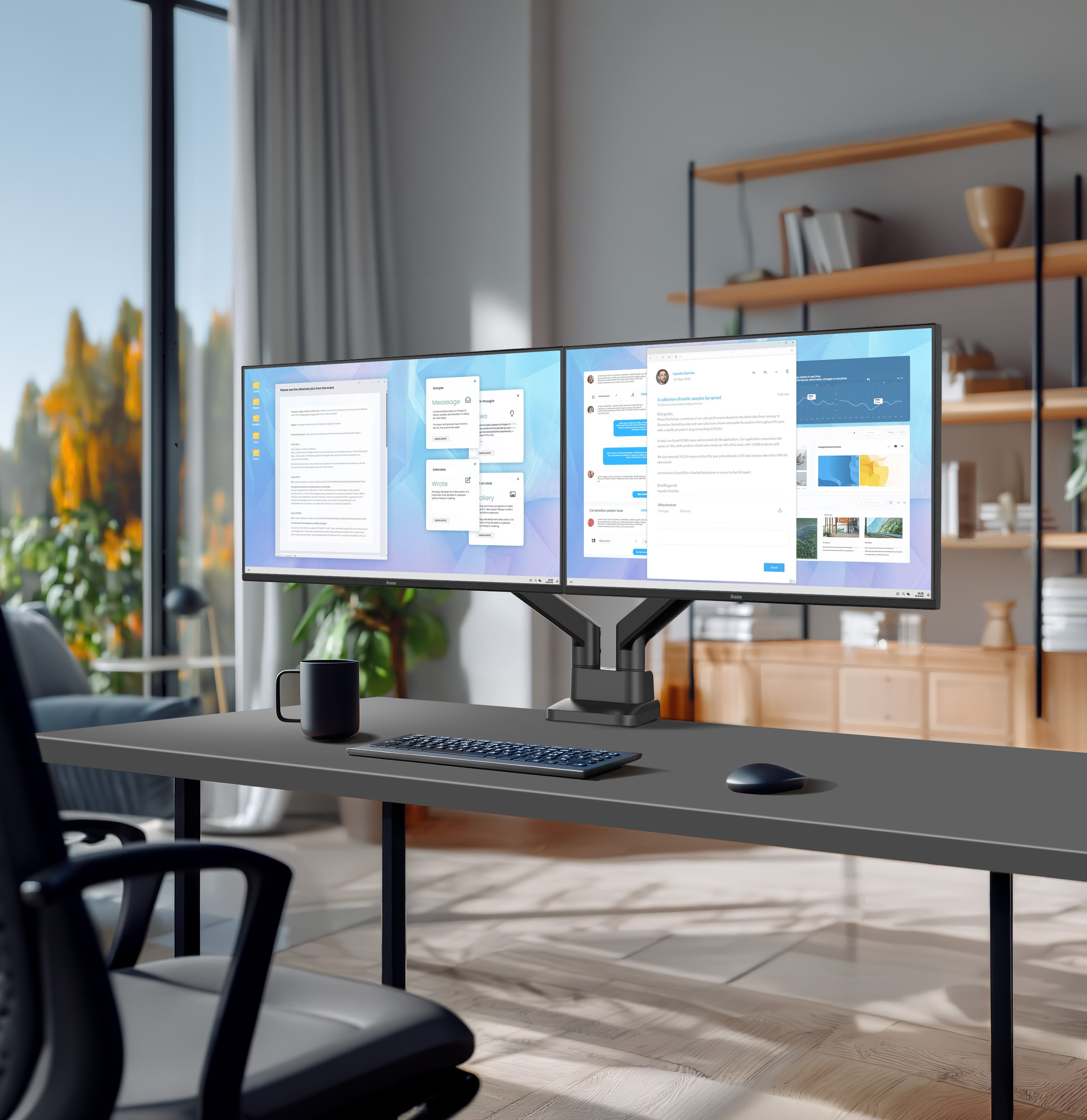 dual-monitor, ultra-wide, ergonomic, desk setup, computer