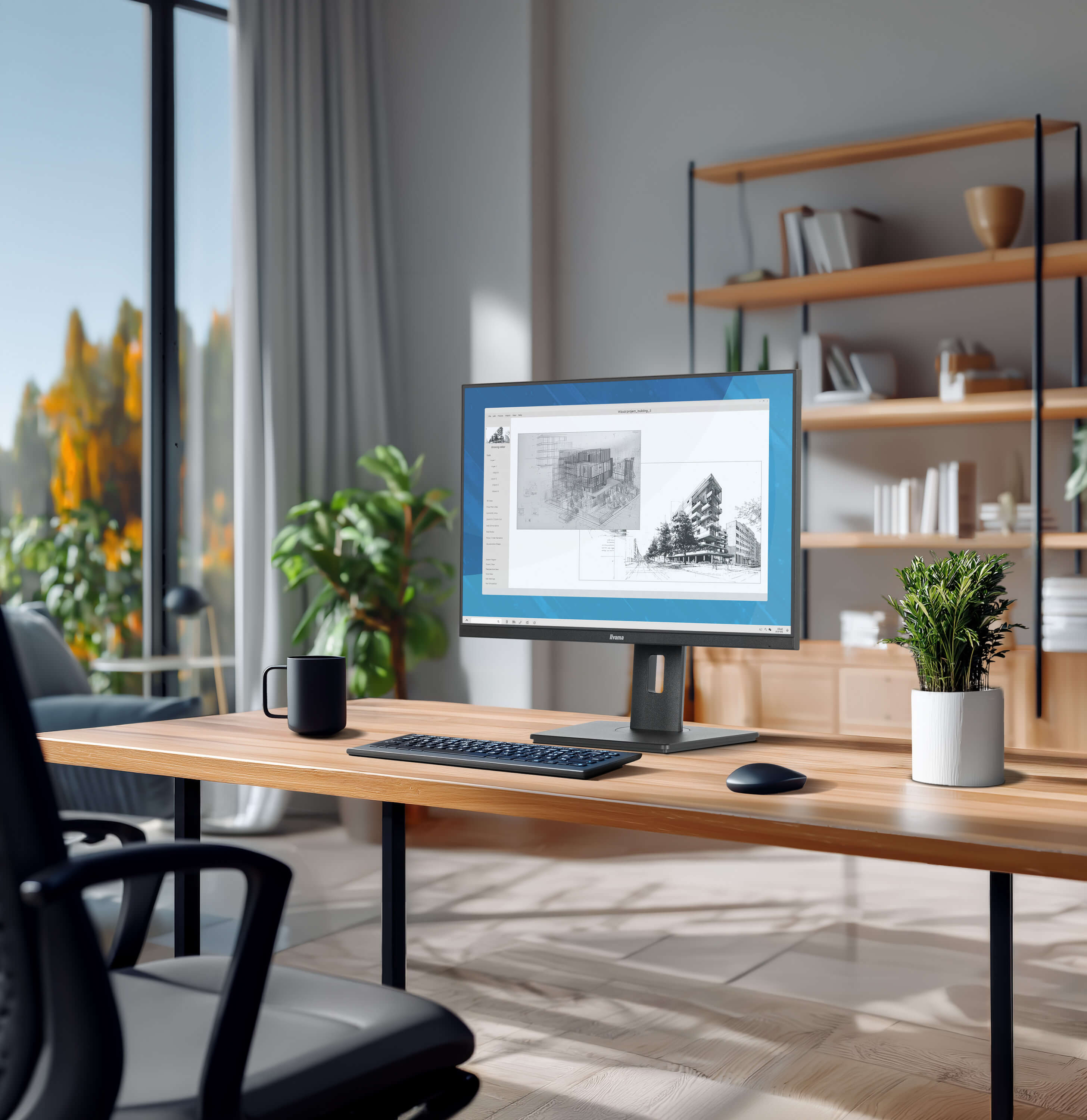 computer monitor, desk setup, office desk, workspace, plants