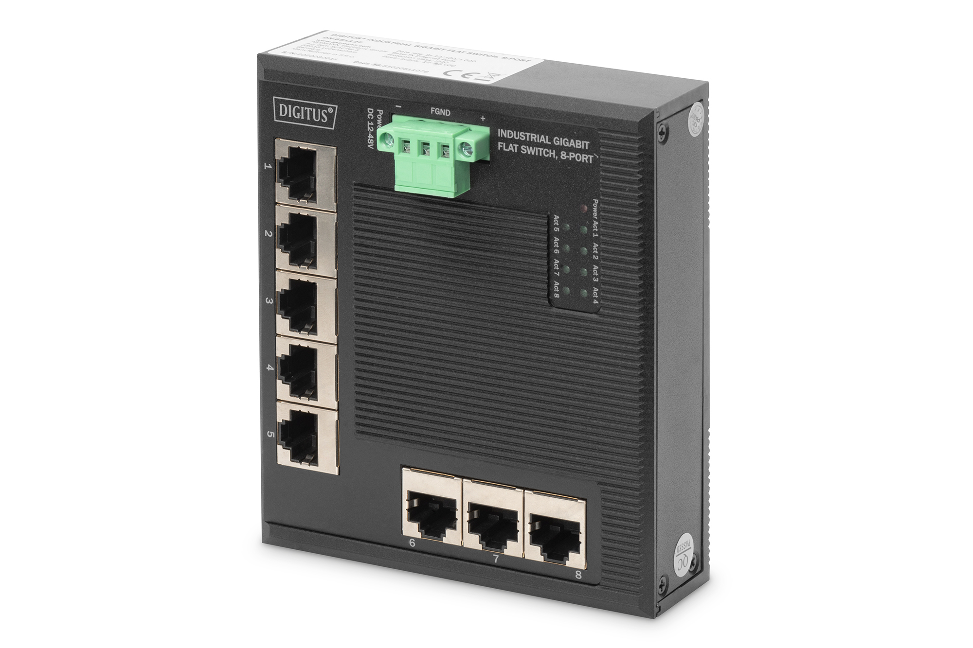 Industrialer Gigabit, 8-Port-Switch, RJ45-Anschlüsse, DIN-Schiene, LED-Anzeigen