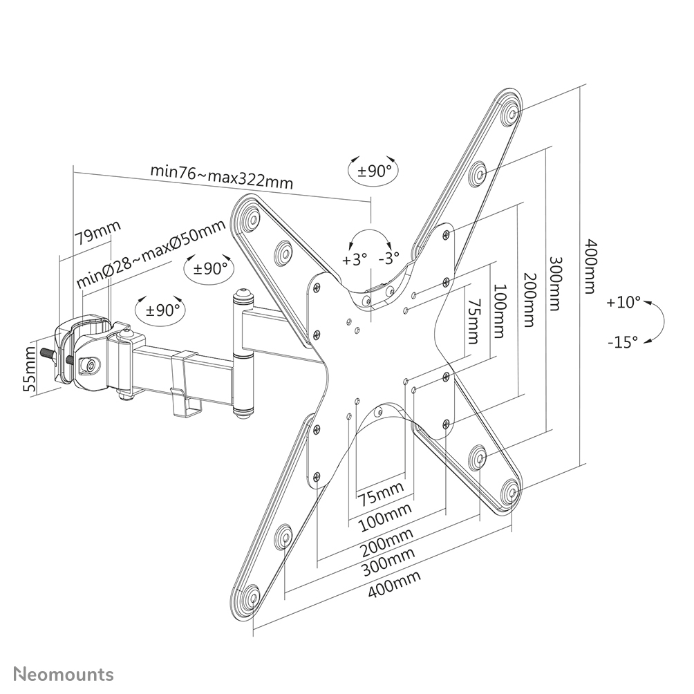 Neomounts TV Stangenhalterung - 81,3 cm (32 Zoll) - 139,7 cm (55 Zoll) - 75 x 75 mm - 400 x 400 mm - 15 - 10 Grad  - Schwarz