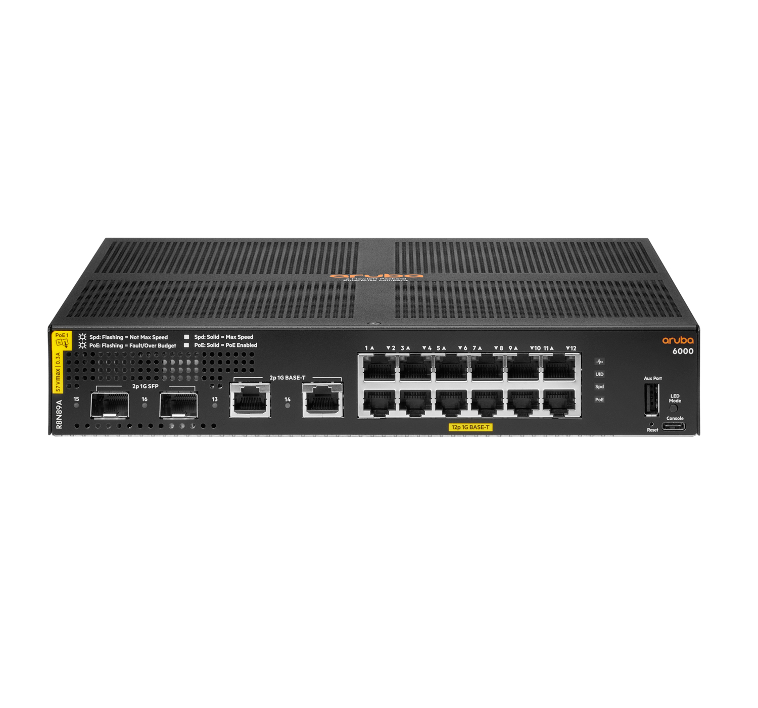 HPE Aruba 6000 12 x 10/100/1000 (PoE+) + 2 x Gigabit SFP + 2 x 1000Base-T,  R8N89A