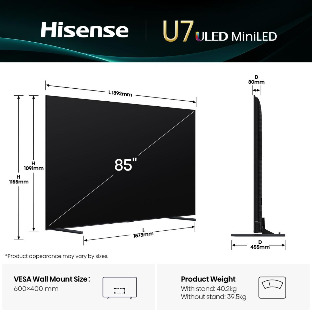 LED-Fernseher, 85 Zoll, UHD, Schlank, VESA 600x400