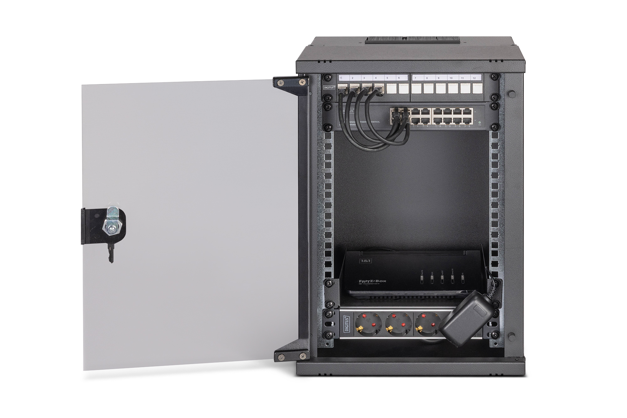 Netzwerk-Schrank, Rack-Server, Patchpanel, Mehrfachstecker, Netzwerk-Switch