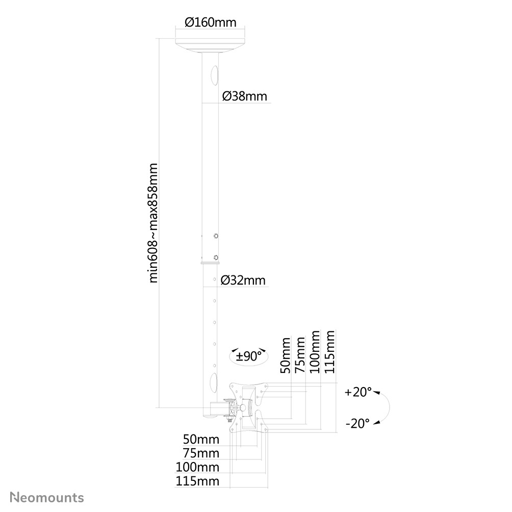 Neomounts Monitor-Deckenhalterung - 20 kg - 25,4 cm (10 Zoll) - 76,2 cm (30 Zoll) - 50 x 50 mm - 100 x 100 mm - 500 - 850 mm
