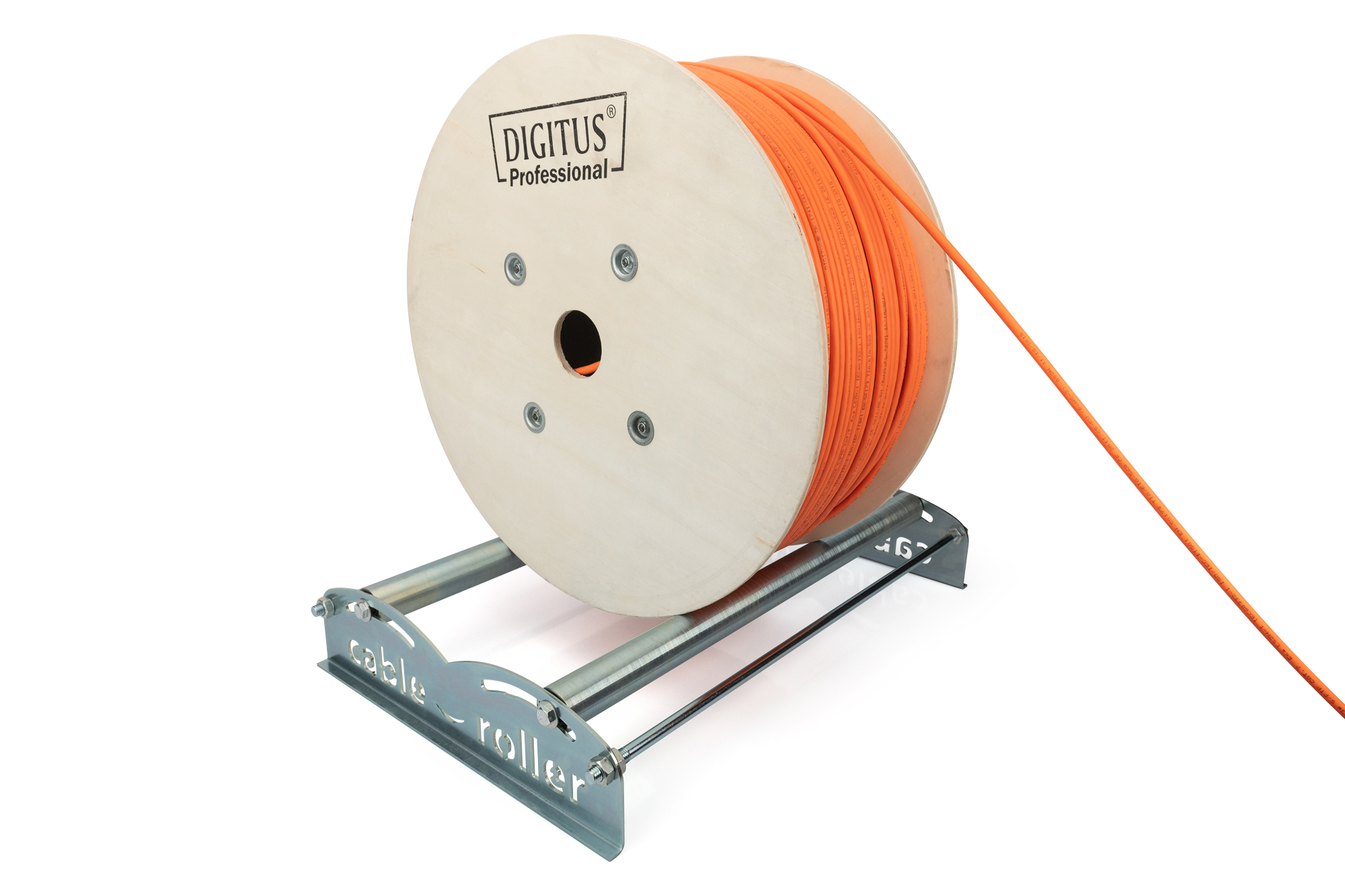 Kabelrolle, Kabelspule, orange Kabel, Metallrahmen, Holzgehäuse