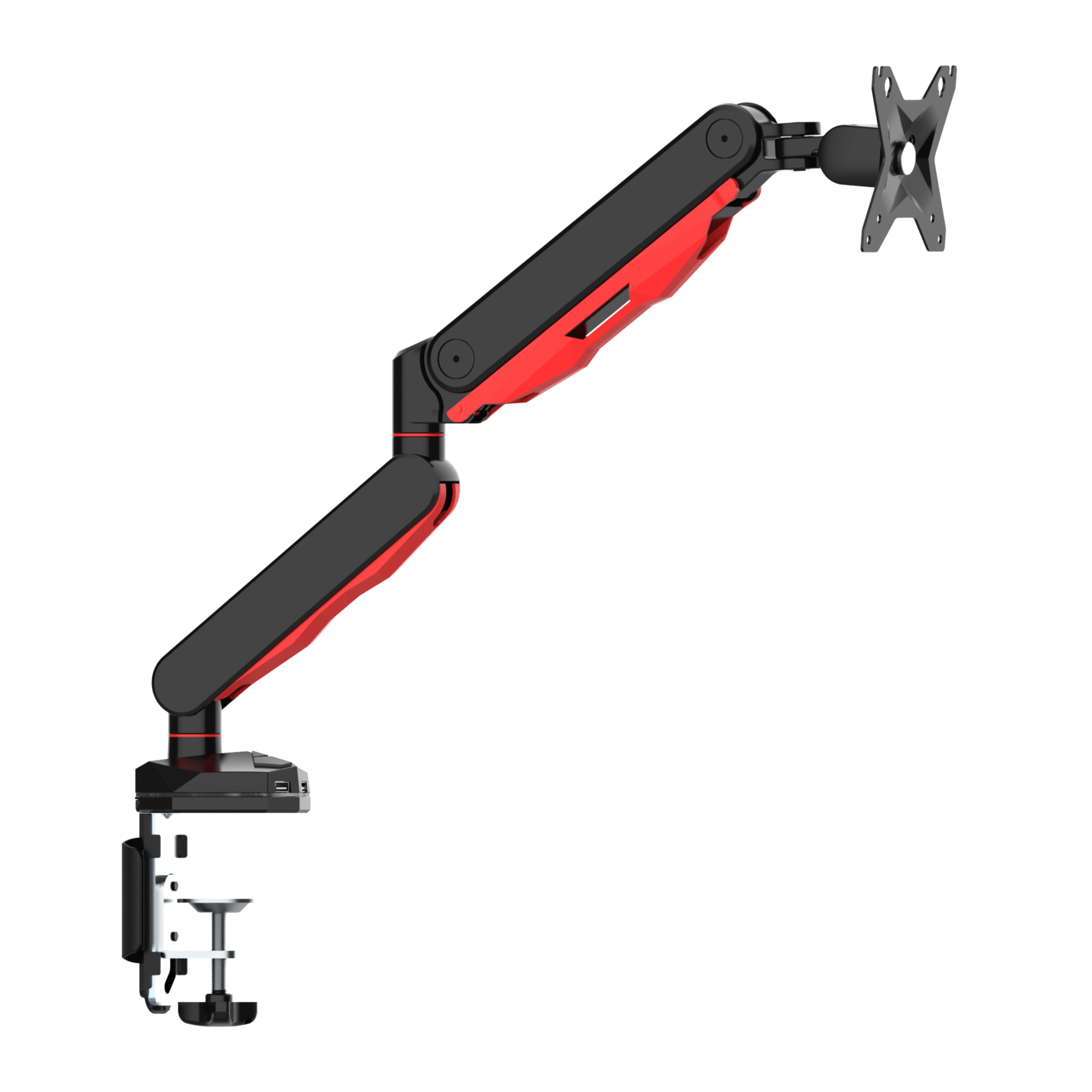 monitor-arm, articulating-arm, gas-spring, mounting-cradle, adjustable-arm