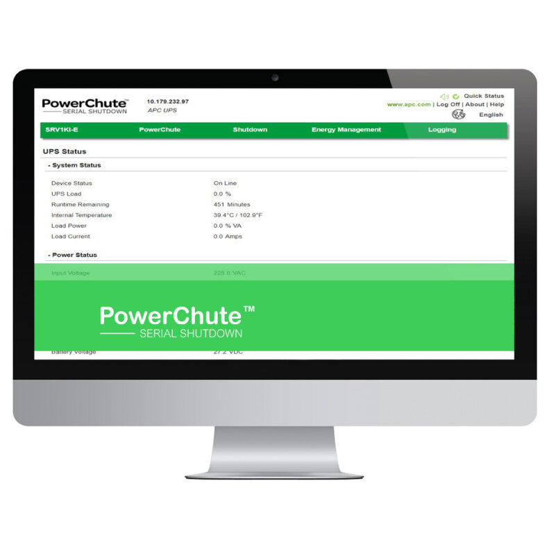 server, USV, Monitoranzeige, grüner Banner, PowerChute