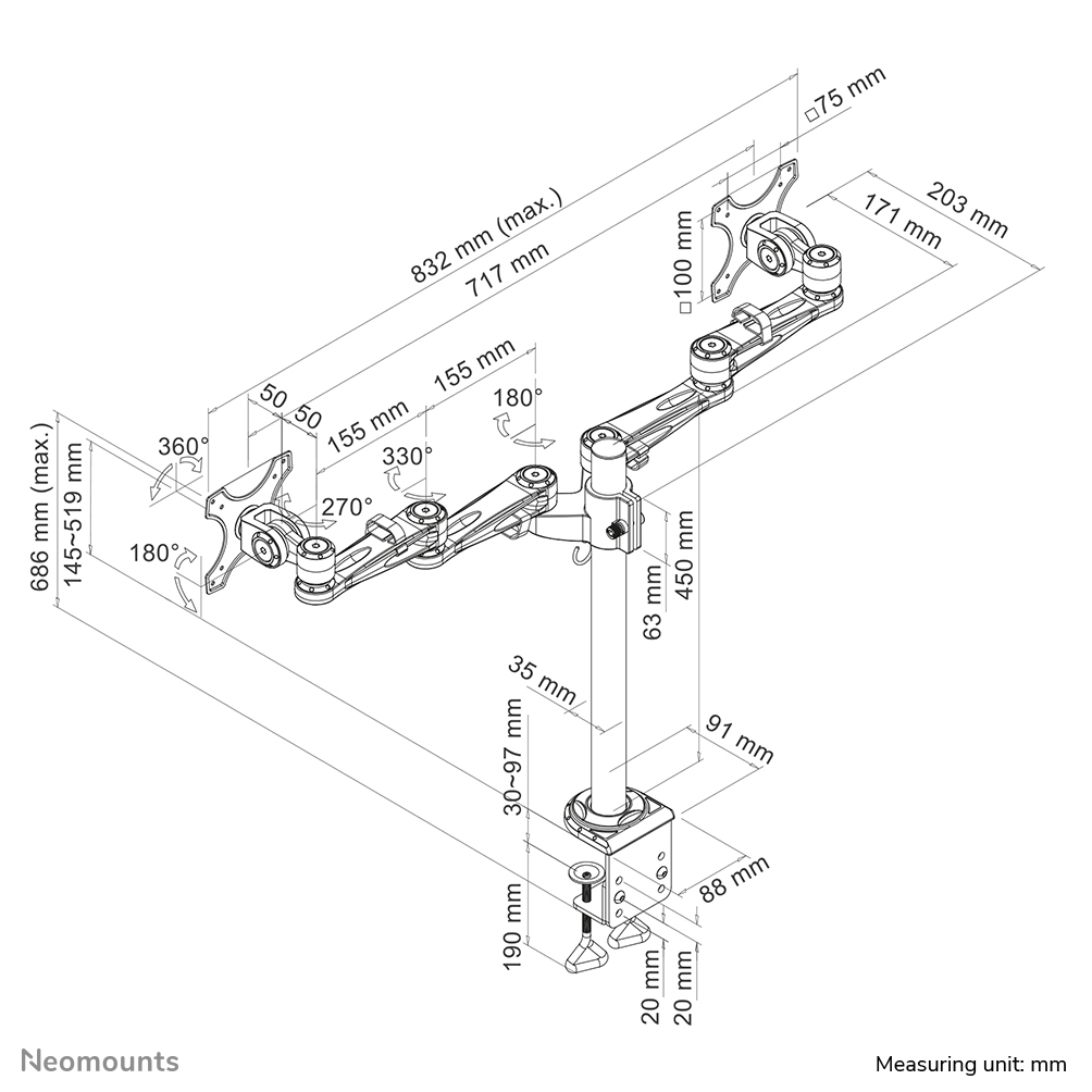 Monitorarm, flexibler Arm, Wandhalterung, Messdiagramm, Industrielles Diagramm