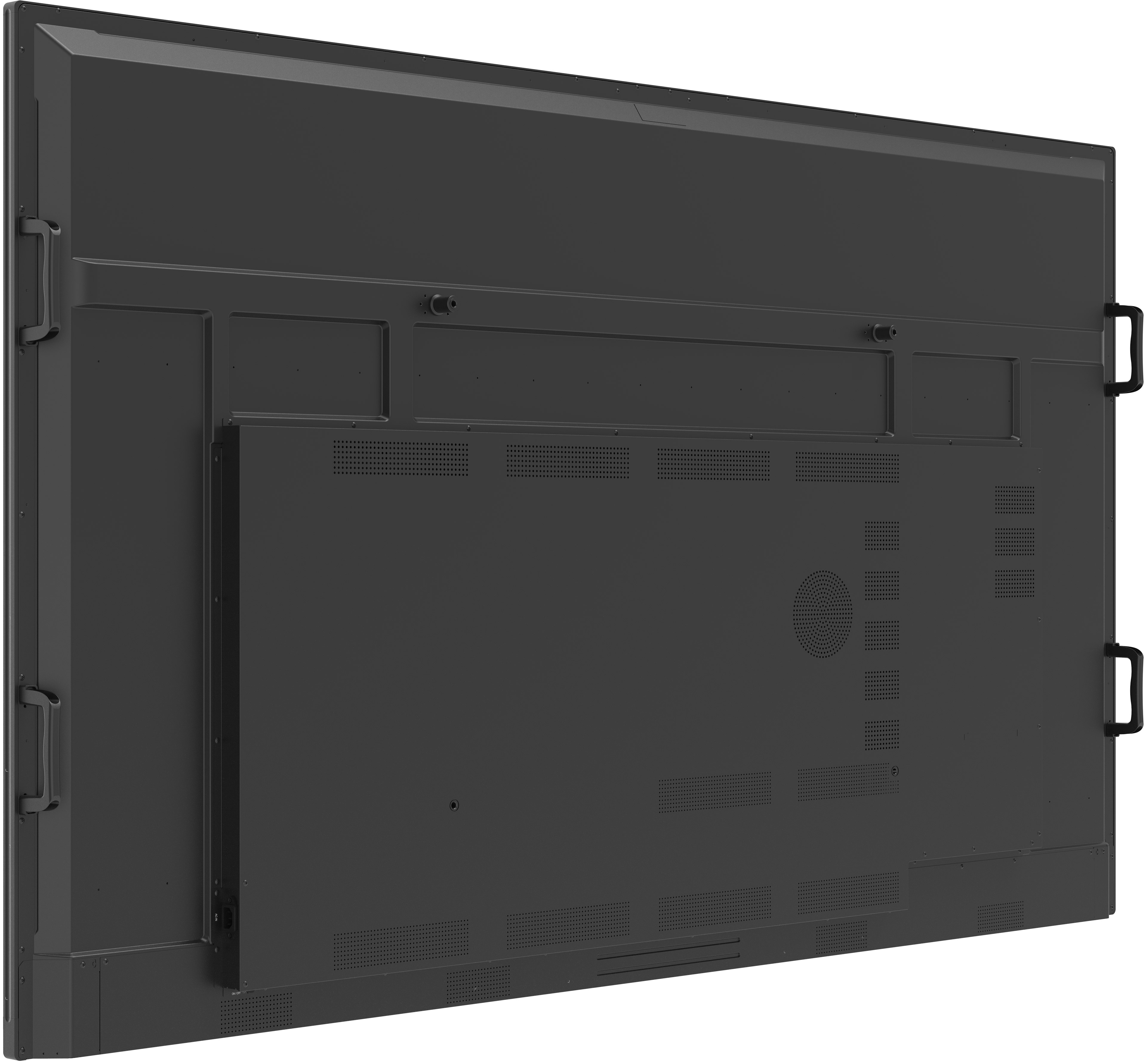 TV rear, VESA mount, cooling vents, metal housing, carrying handles