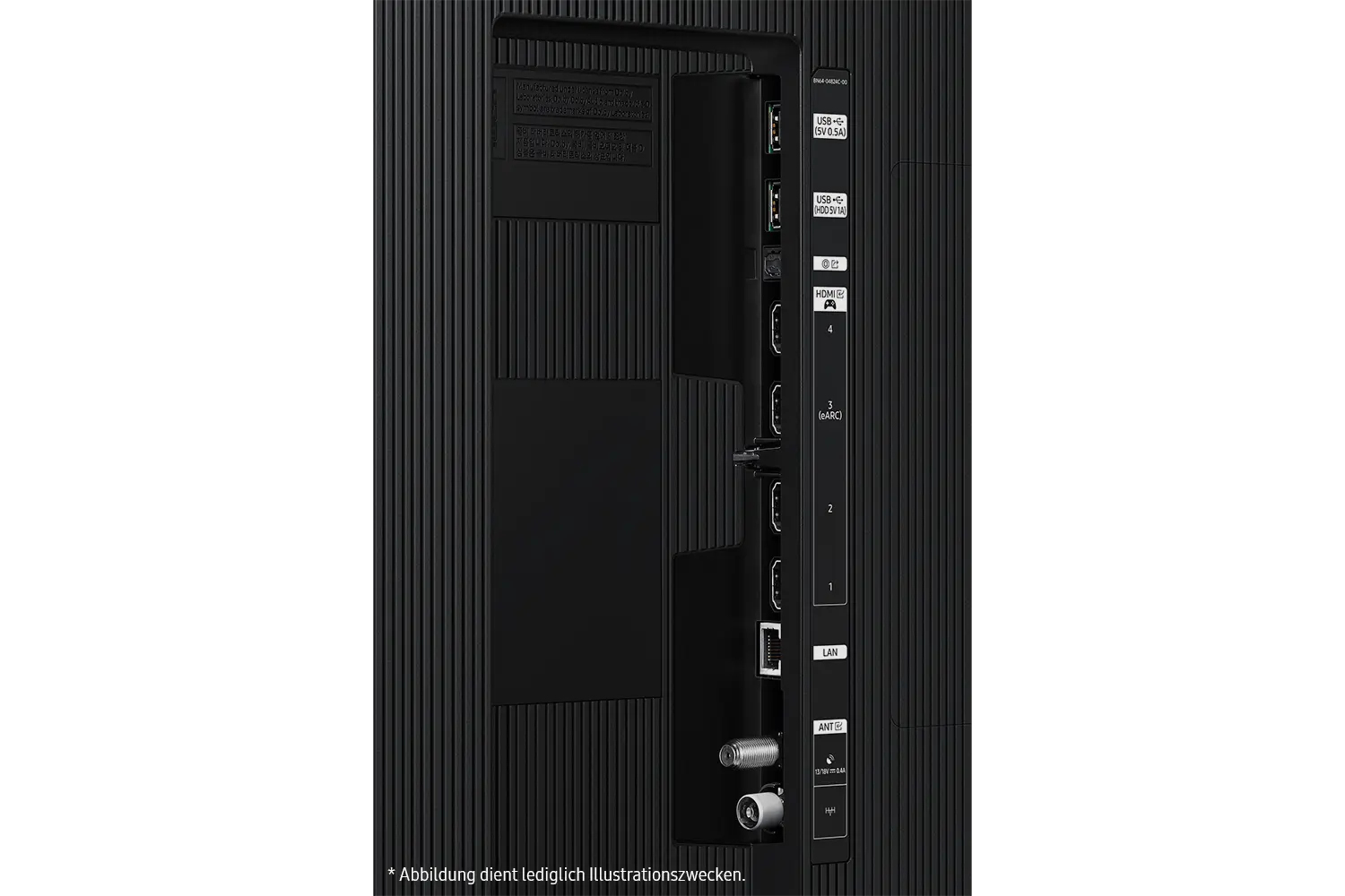 Fernseher, Schwarzes Gehäuse, HDMI-Anschlüsse, USB-Anschlüsse, LAN-Anschluss