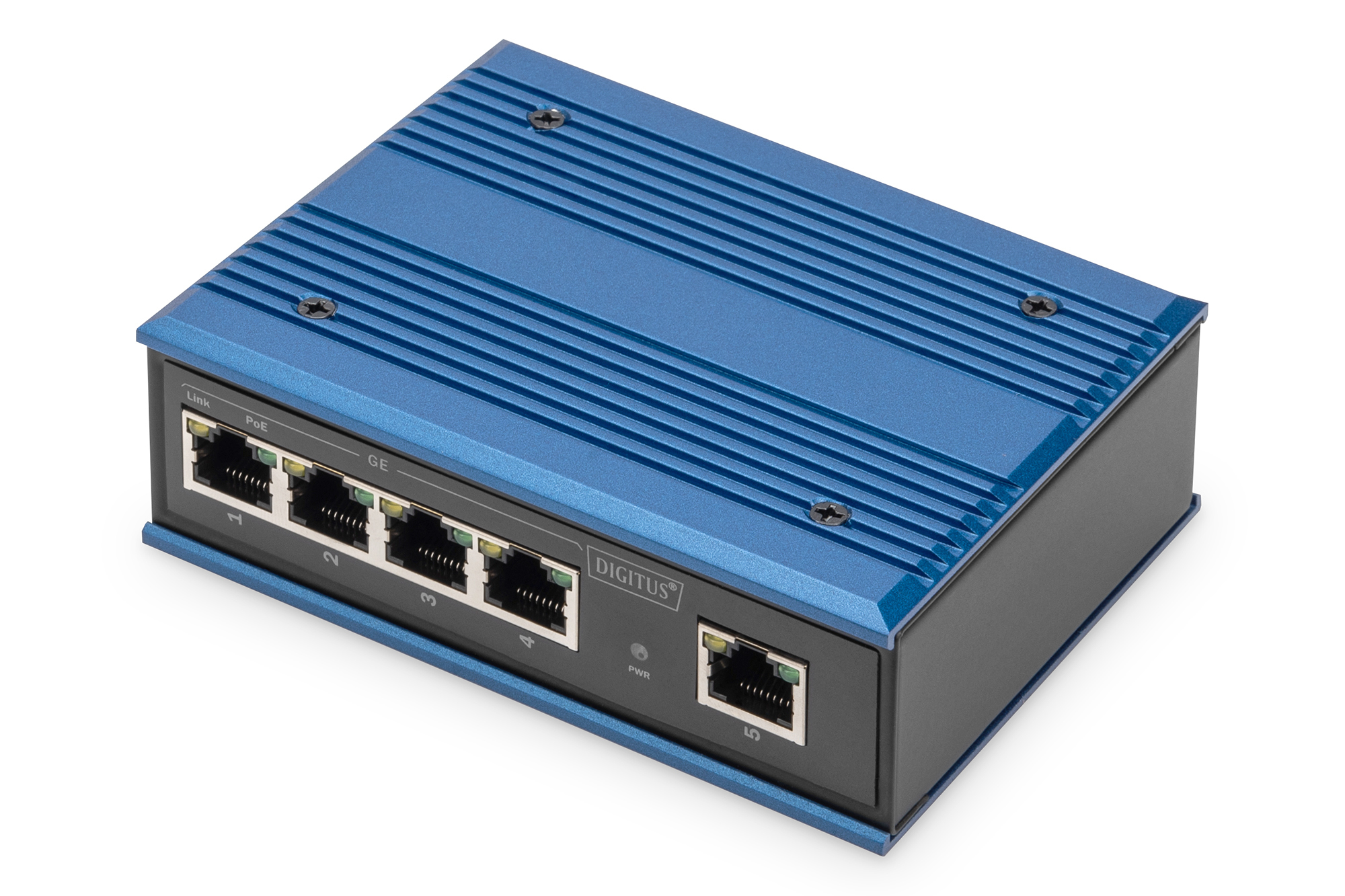 Netzwerk-Switch, 5-Port, Blue metal housing, RJ45 chassis, PoE not visible