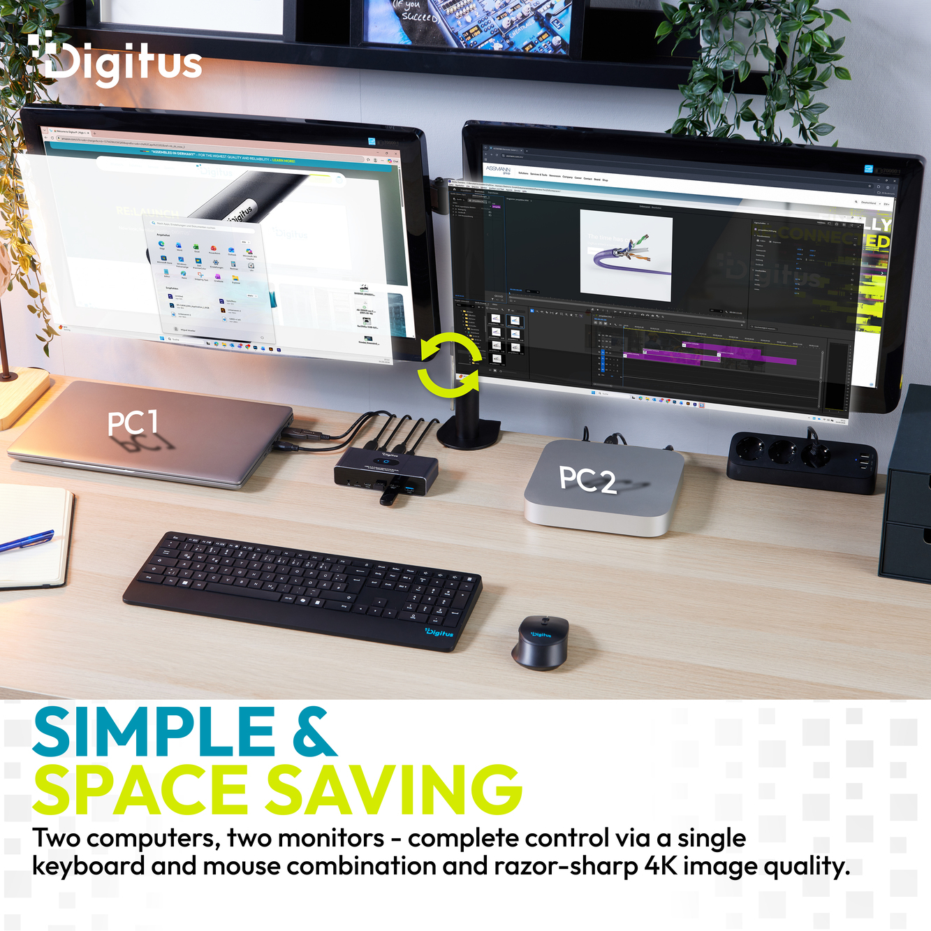 Dual-Monitor-Setup, Schreibtisch-Arbeitsplatz, USB-C-Hub, Laptop, Kabellose-Maus