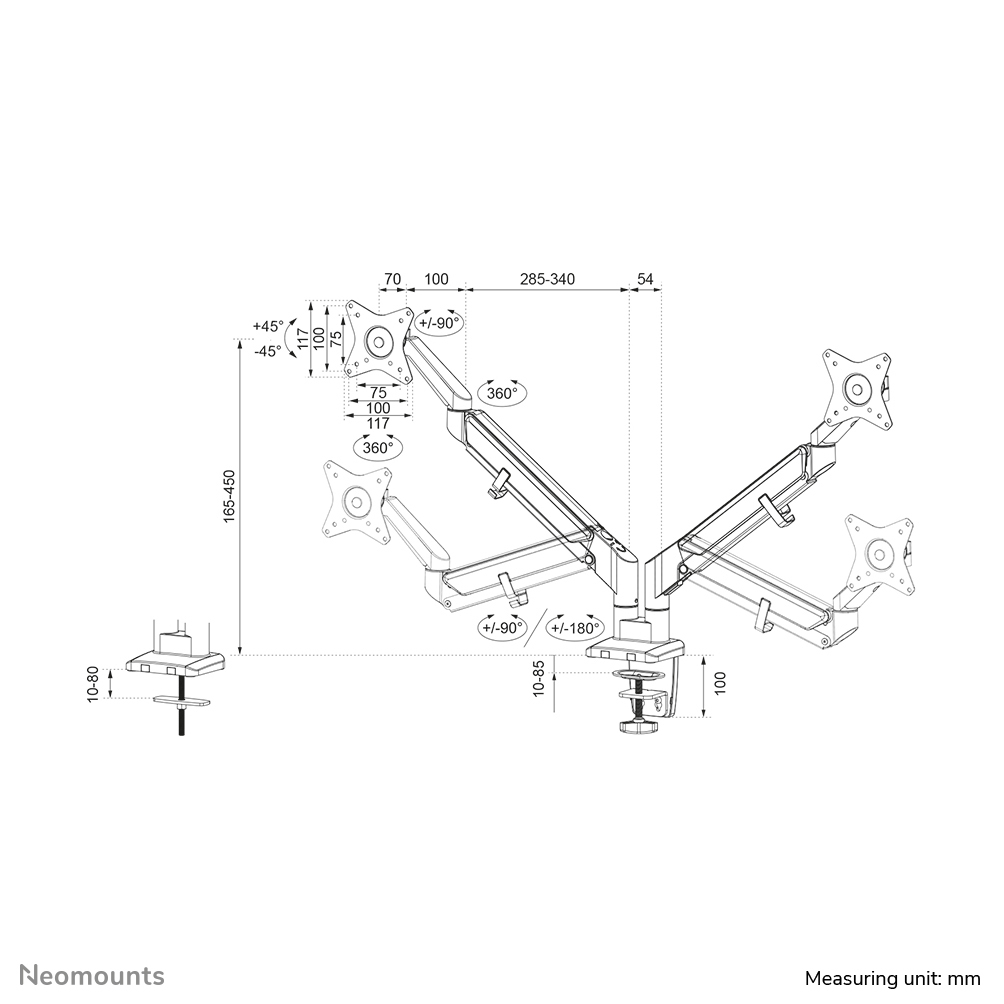 Neomounts Monitor-Tischhalterung - Klemme /Bolzen - 9 kg - 43,2 cm (17 Zoll) - 81,3 cm (32 Zoll) - 100 x 100 mm - Schwarz